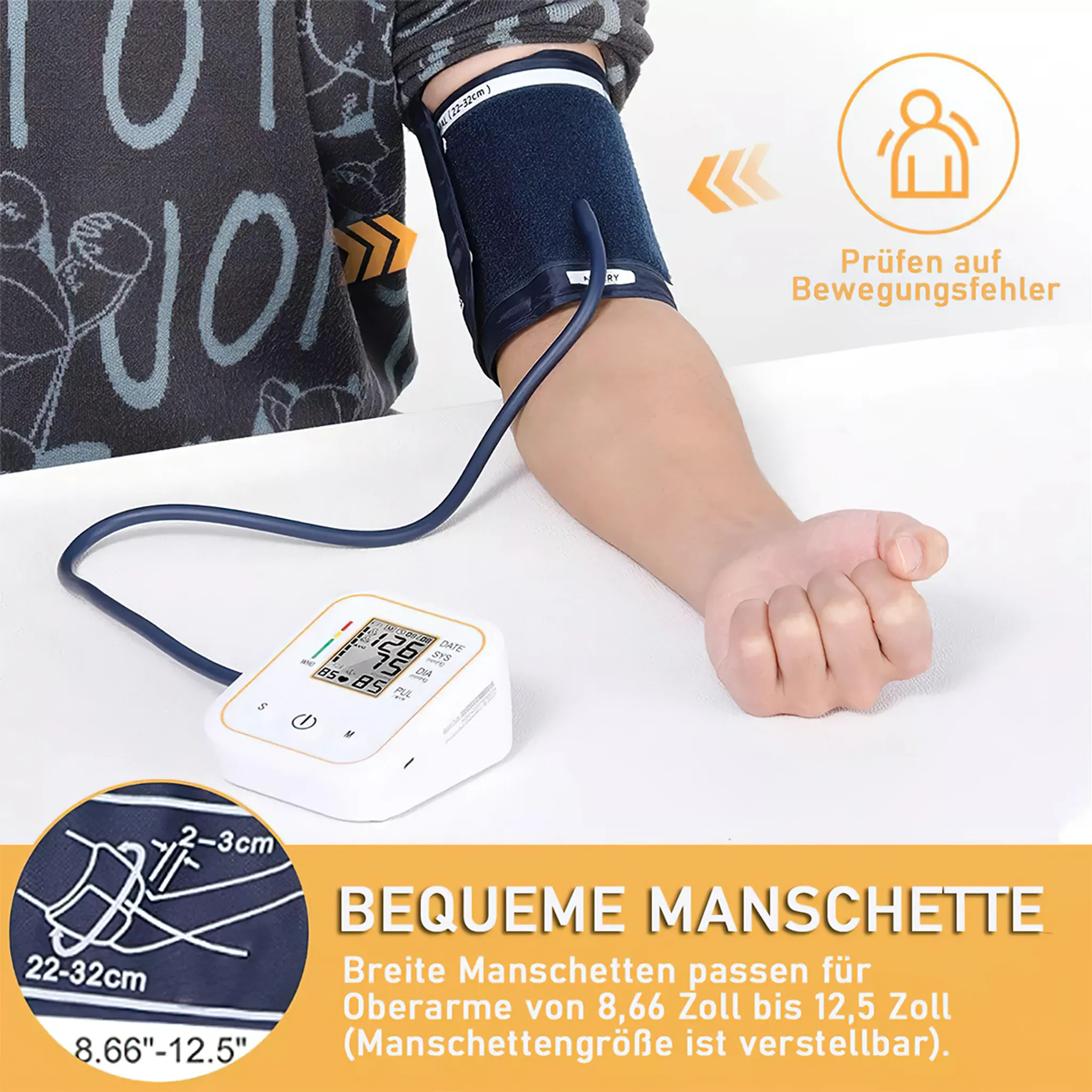 Person mit Blutdruckmessgerät am Arm, zeigt Messwerte und Manschettendetails.