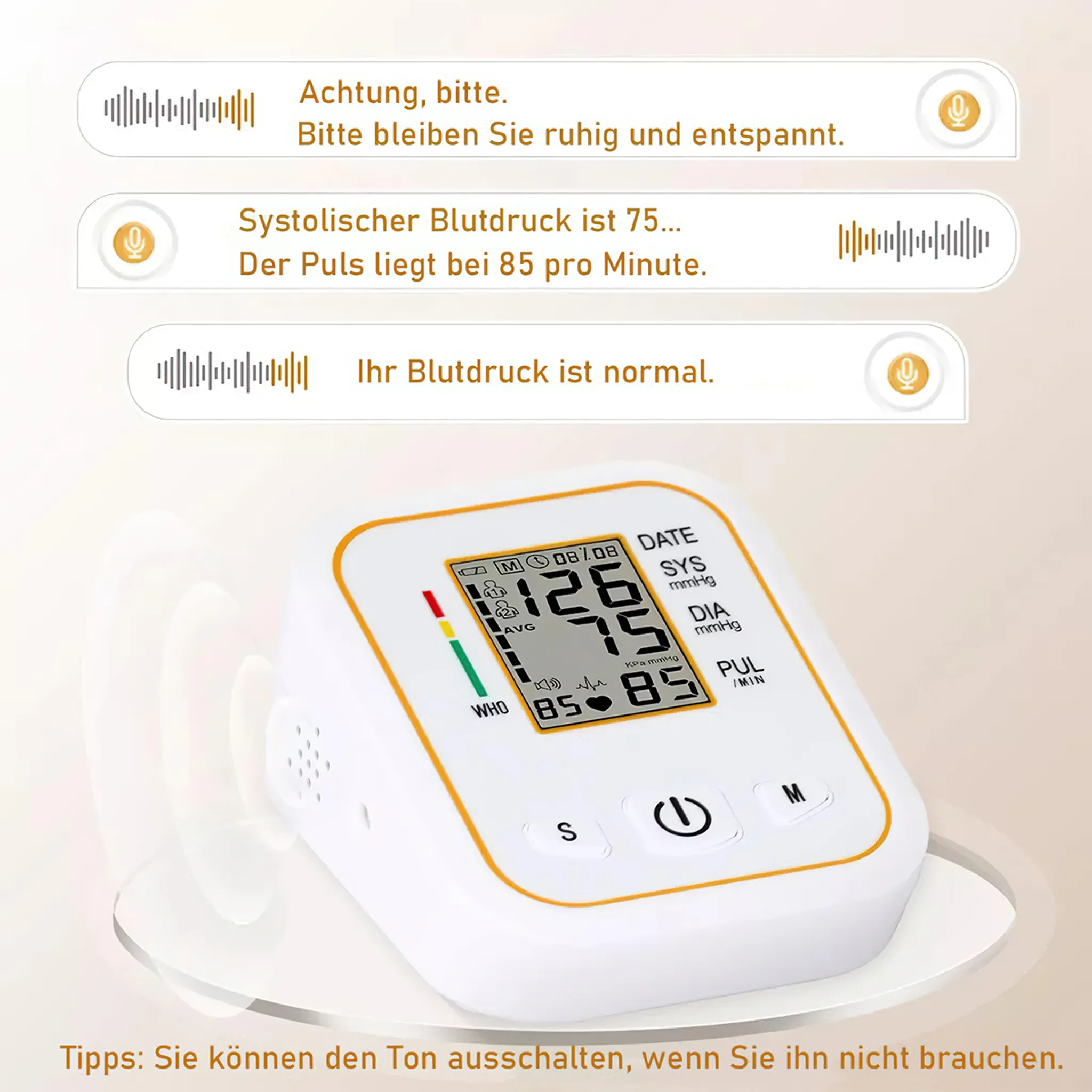 Ein Blutdruckmessgerät zeigt Messwerte an. Text ist auf Deutsch. Das Gerät ist weiß und orange.