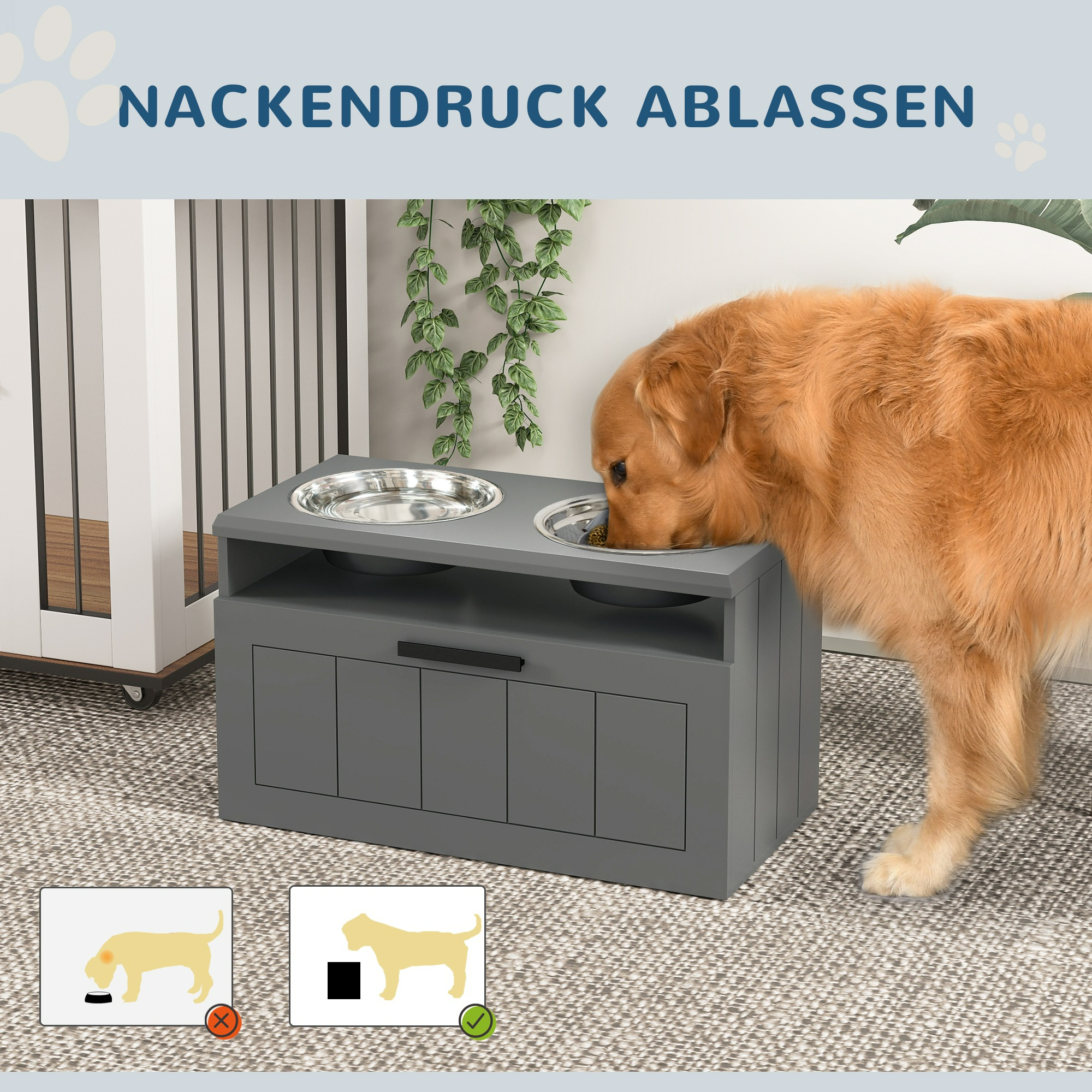 Ein Hund steht neben einem grauen Napfständer. Text: 'Nackendruck entlasten'.