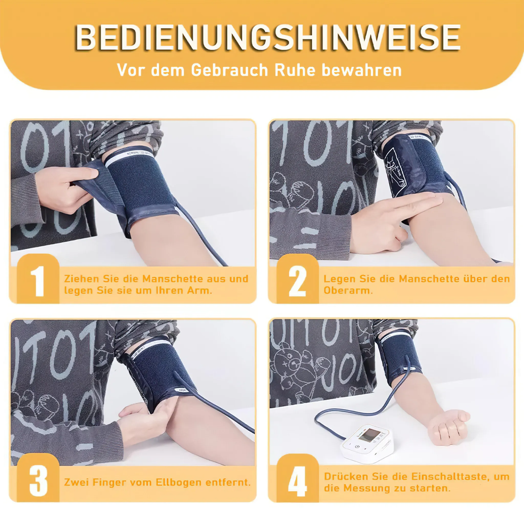 Anweisungen zur Verwendung des Blutdruckmessgeräts. Die Schritte werden mit Bildern gezeigt.