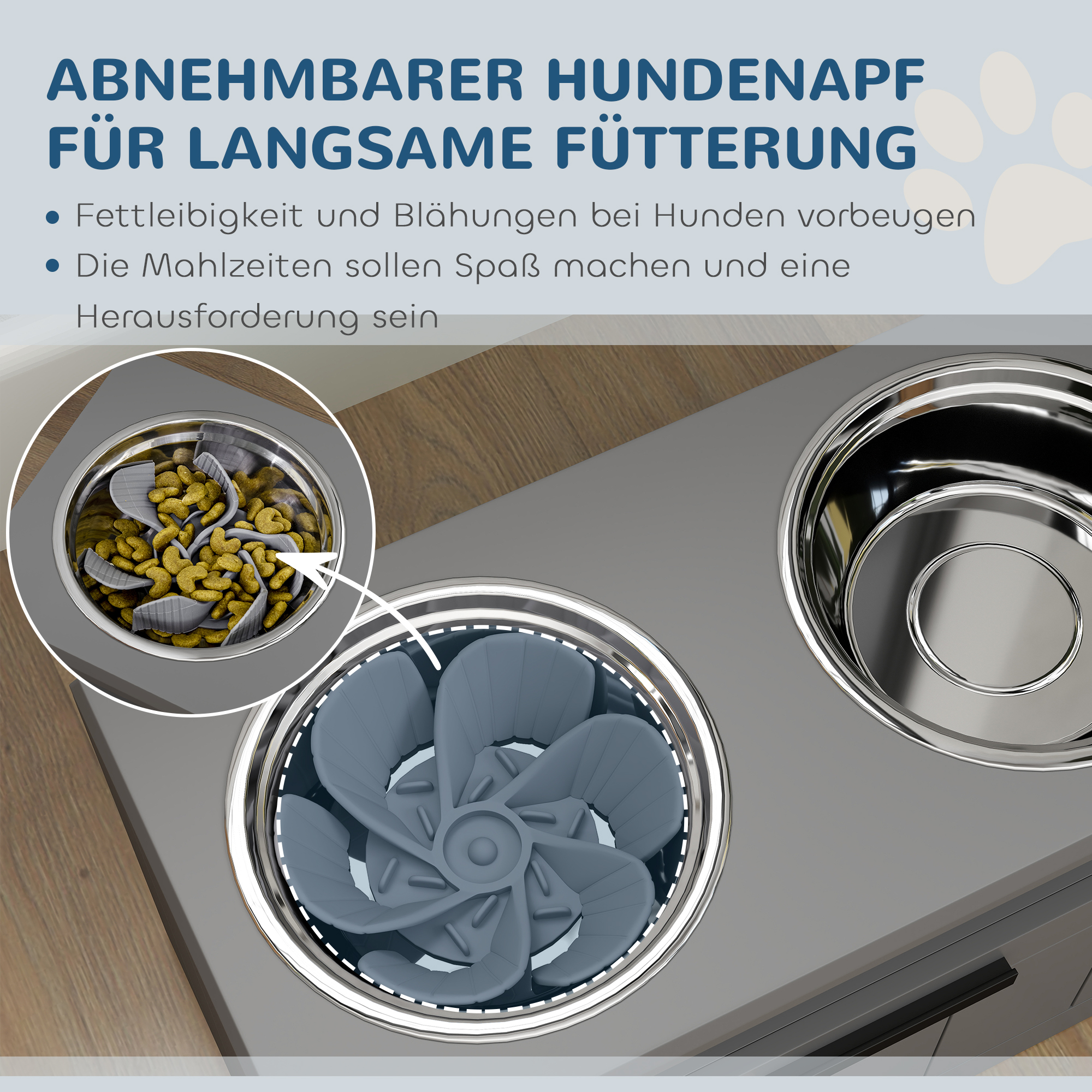 Hundenapf mit langsamem Futterdesign und zwei Edelstahlnäpfen.