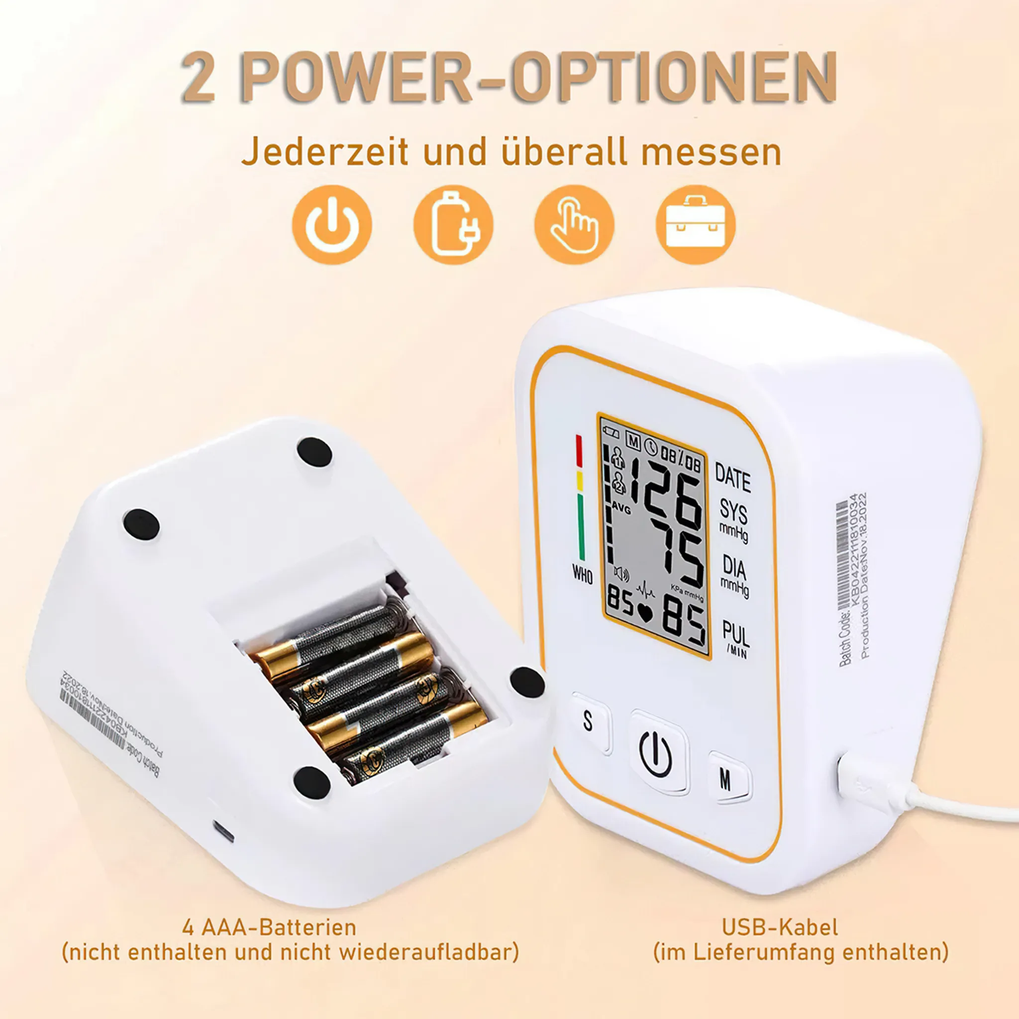 Weißes Blutdruckmessgerät mit Display, Batterien und USB-Kabel. Zeigt Messwerte an.