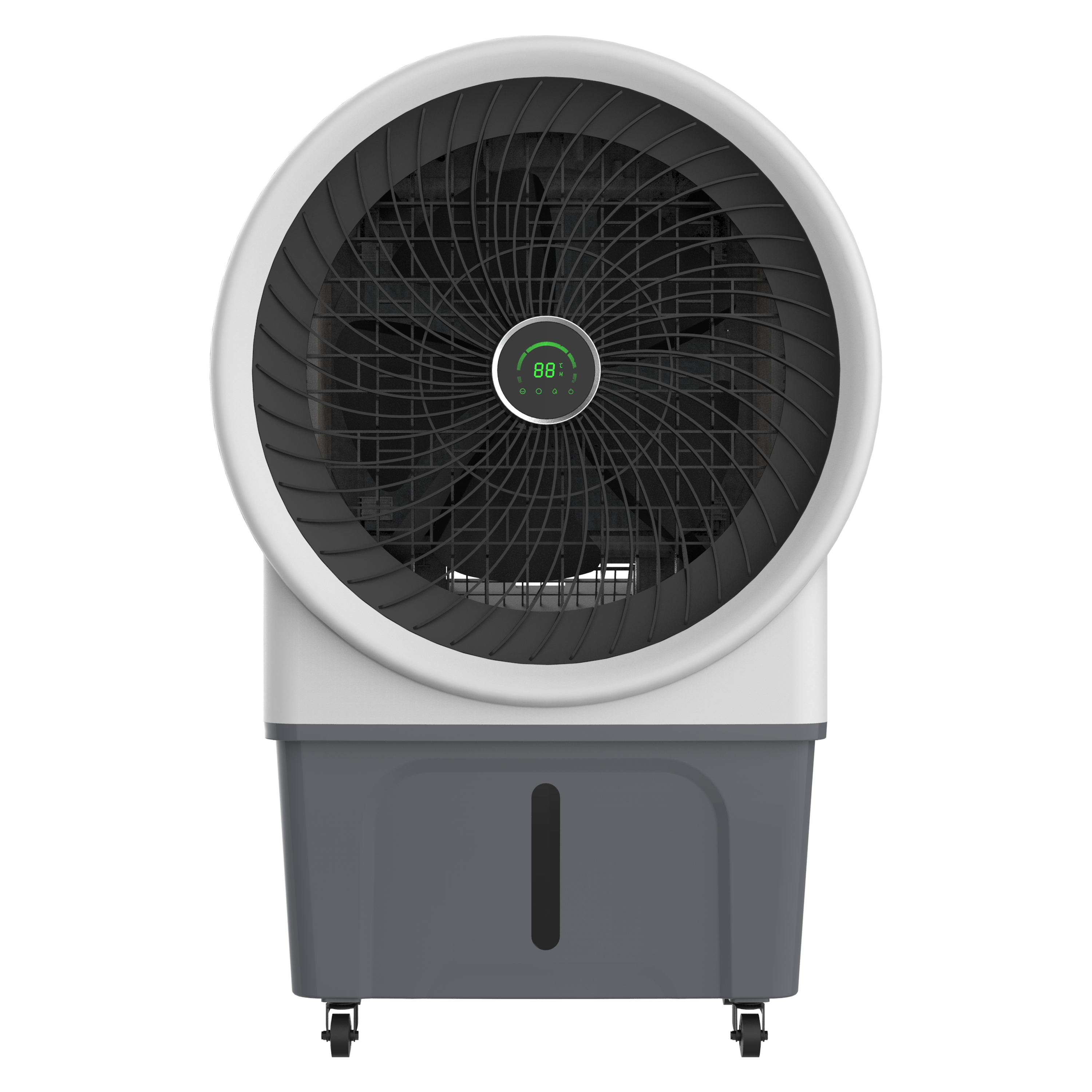 Ein weiß-grauer Luftkühler mit Digitalanzeige. Hat einen Ventilator und einen Wassertank.