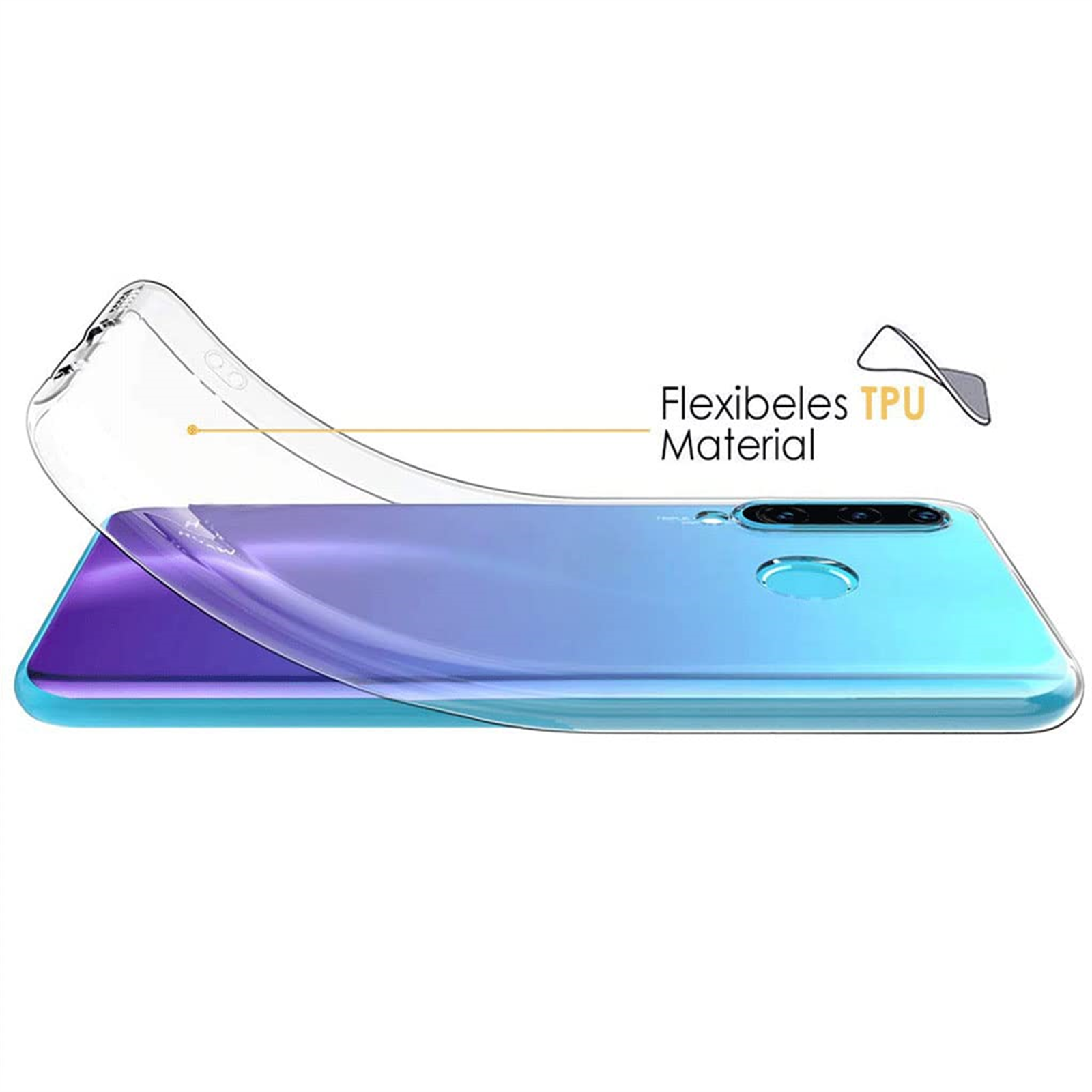Ein Telefon in einer transparenten Hülle. Die Hülle ist aus flexiblem TPU. Das Telefon hat einen Farbverlauf.