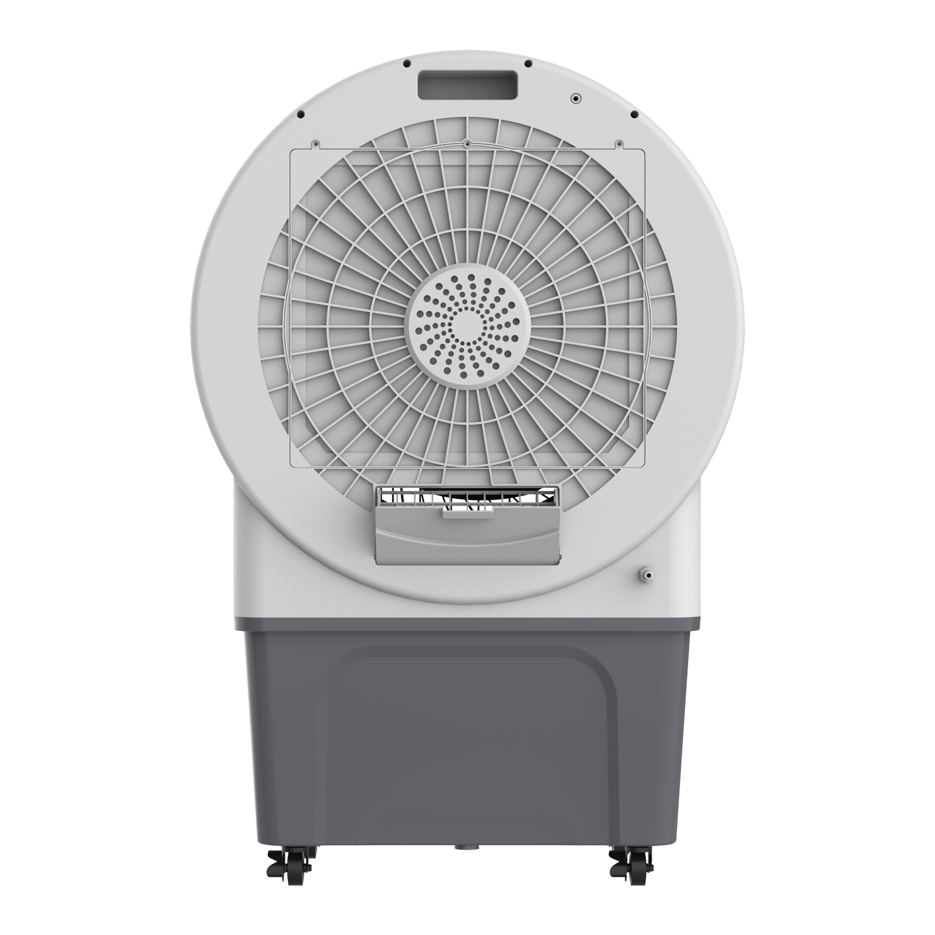 Ein weiß-grauer Luftkühler, von hinten gesehen. Er hat einen Ventilator und einen Wassertank.