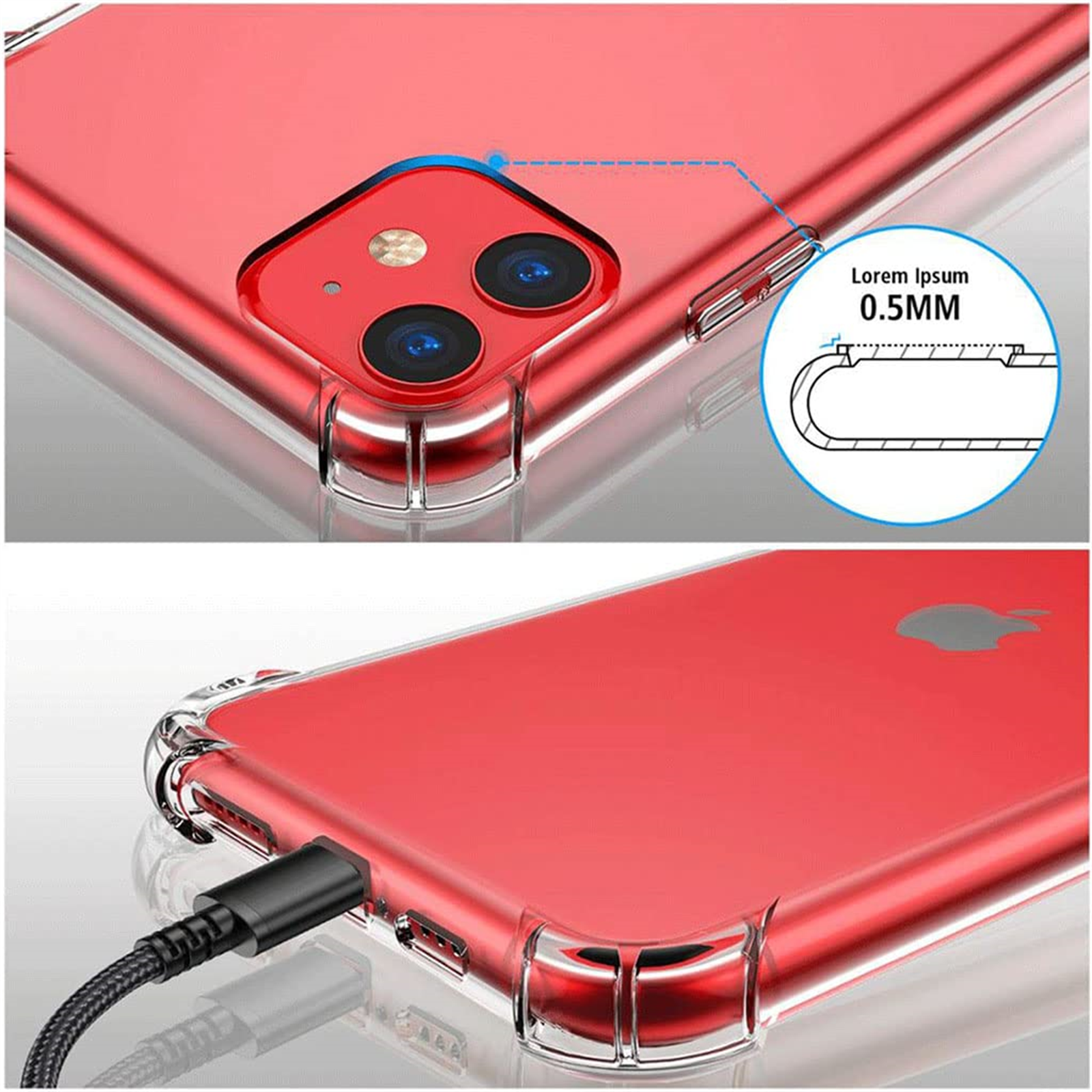 Rotes Telefon in einer transparenten Hülle. Details der Kamera, des Ladeanschlusses und der Gehäusekanten werden gezeigt.