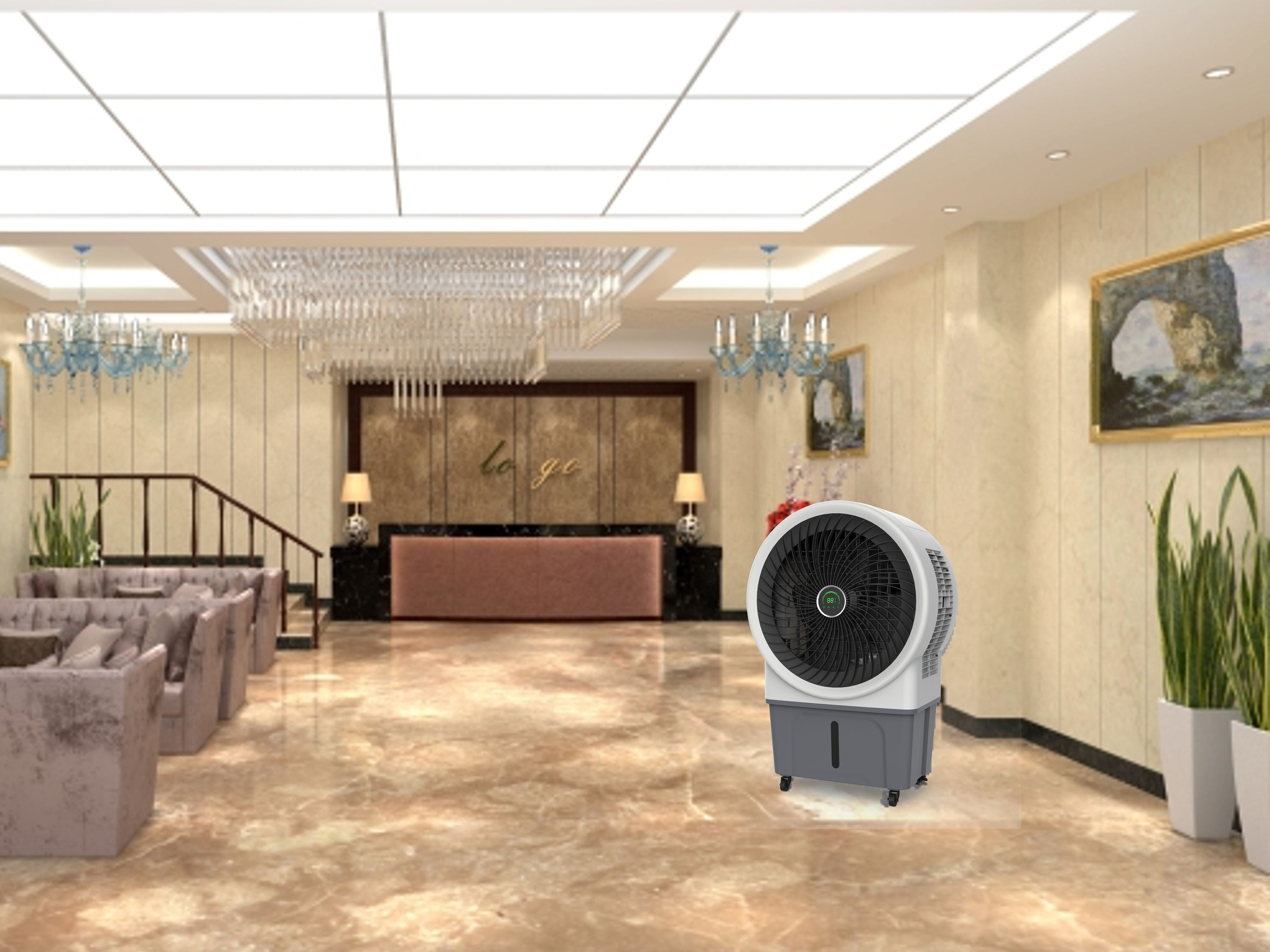 Ein Luftkühler in einer Lobby. Die Lobby hat einen Kronleuchter, Marmorboden und Pflanzen.