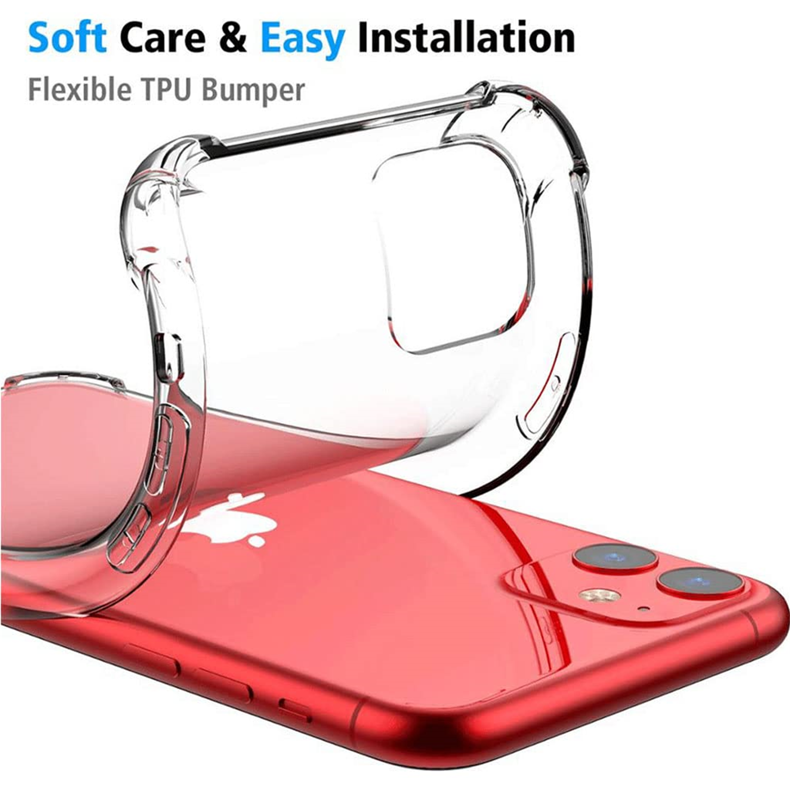 Transparente Handyhülle über einem roten Telefon. Text lautet 'Soft Care & Easy Installation' und 'Flexible TPU Bumper'.