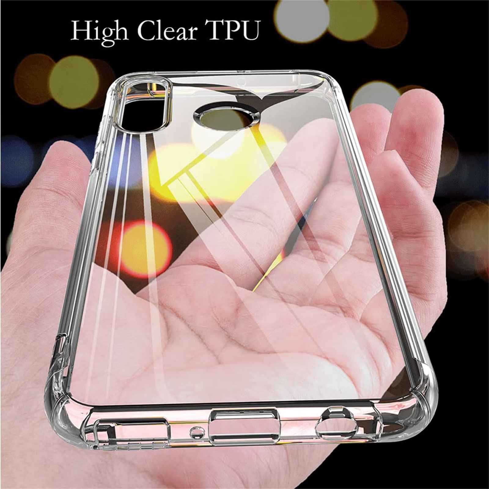 Eine transparente TPU-Handyhülle, gehalten von einer Hand, zeigt Klarheit. Das Telefon ist sichtbar.