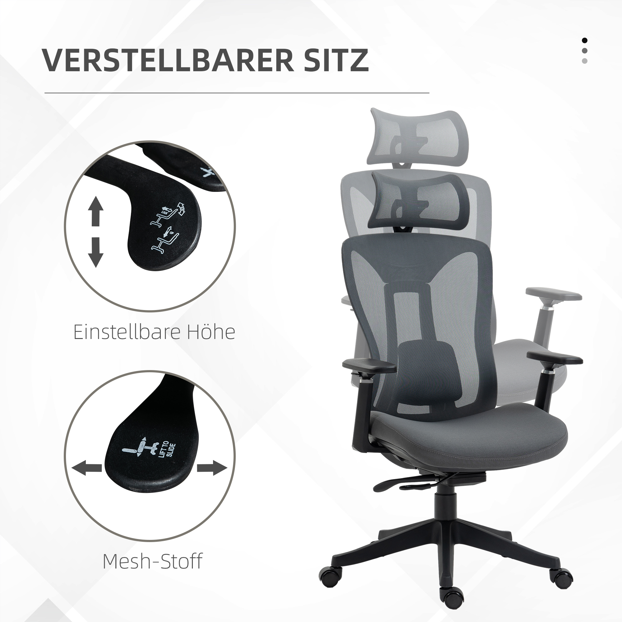 Bürostuhl mit höhenverstellbarer Lehne und Mesh-Rücken. Bedienelemente sind detailliert dargestellt.