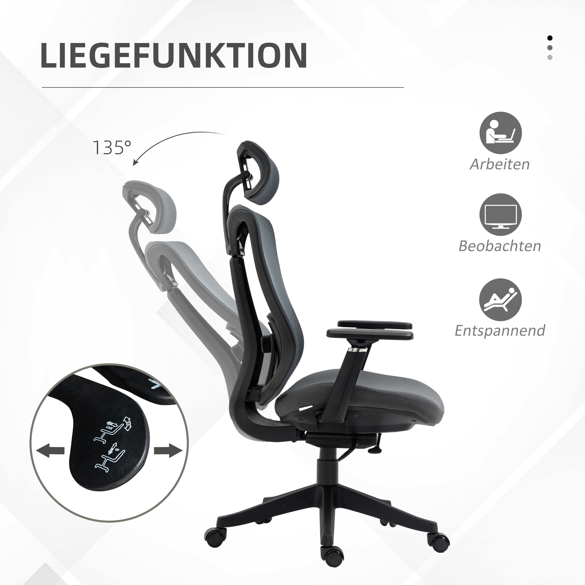 Ein Bürostuhl ist auf 135 Grad zurückgelehnt. Der Stuhl hat verstellbare Armlehnen und eine Kopfstütze.