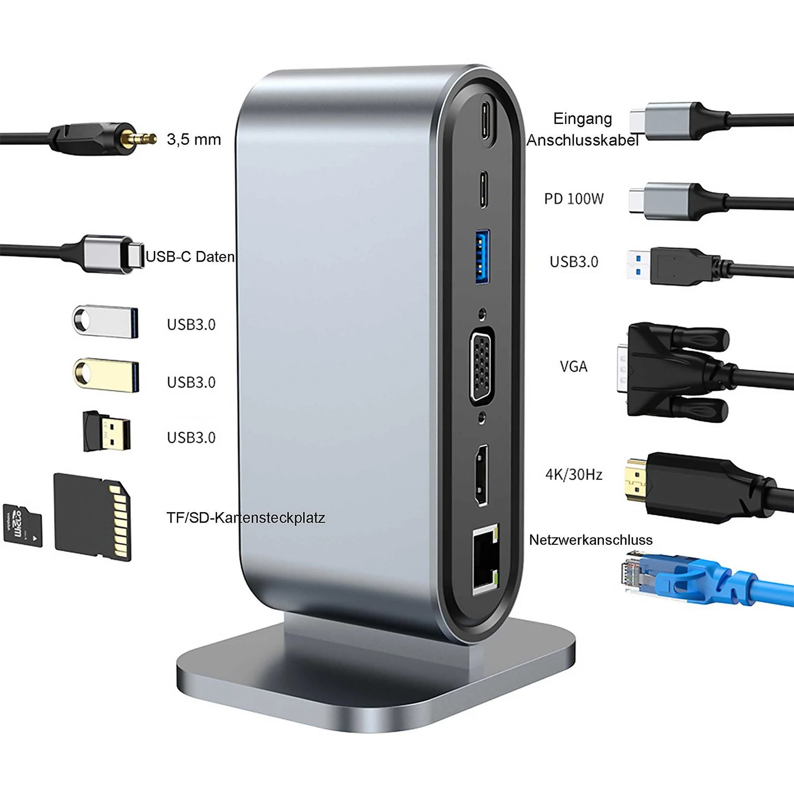 Silberne Dockingstation mit mehreren Anschlüssen. USB, HDMI, Ethernet und andere Anschlüsse werden gezeigt.