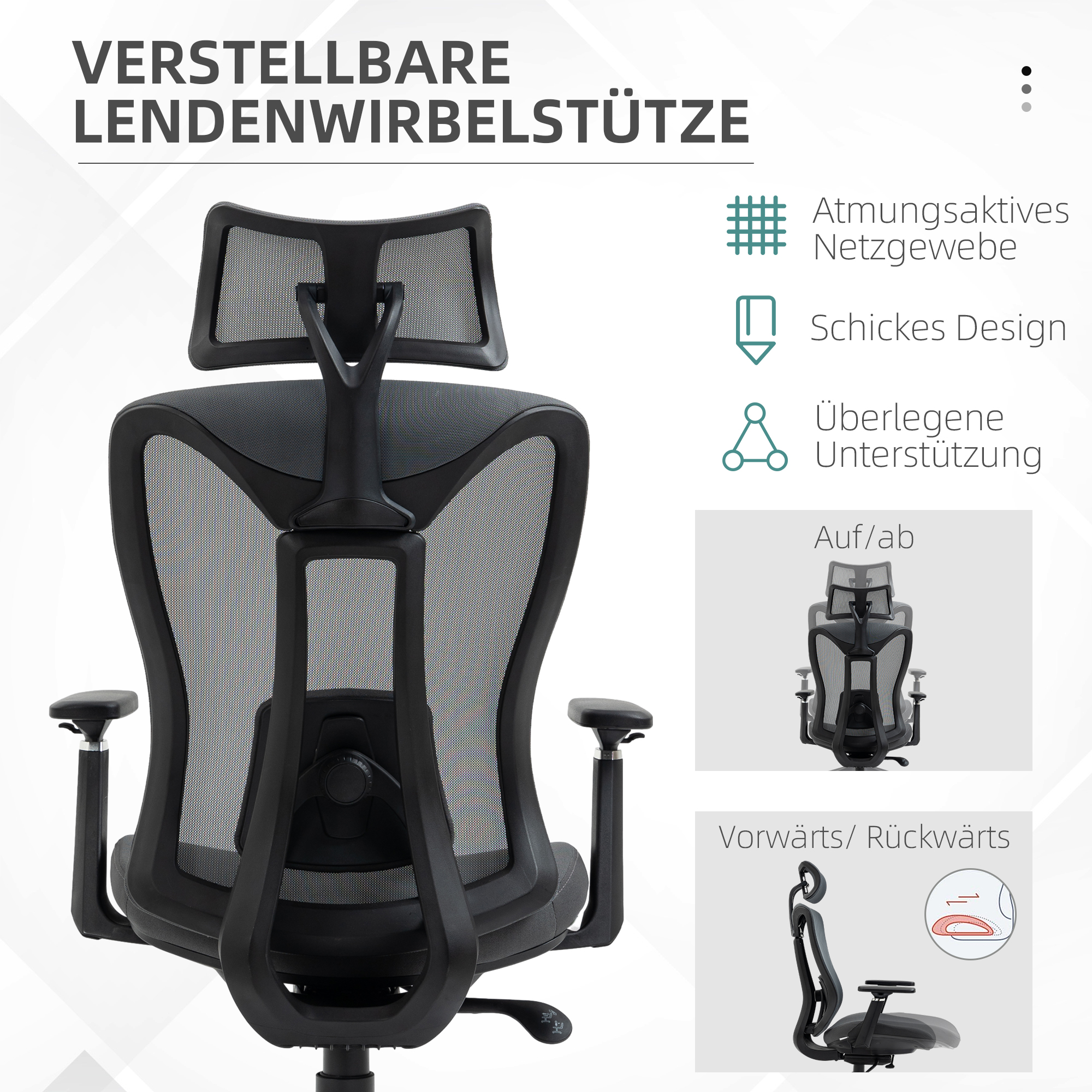 Bürostuhl mit verstellbarer Lendenwirbelstütze. Stuhl hat Netzrücken und Kopfstütze. Diagramme zeigen Einstellungen.