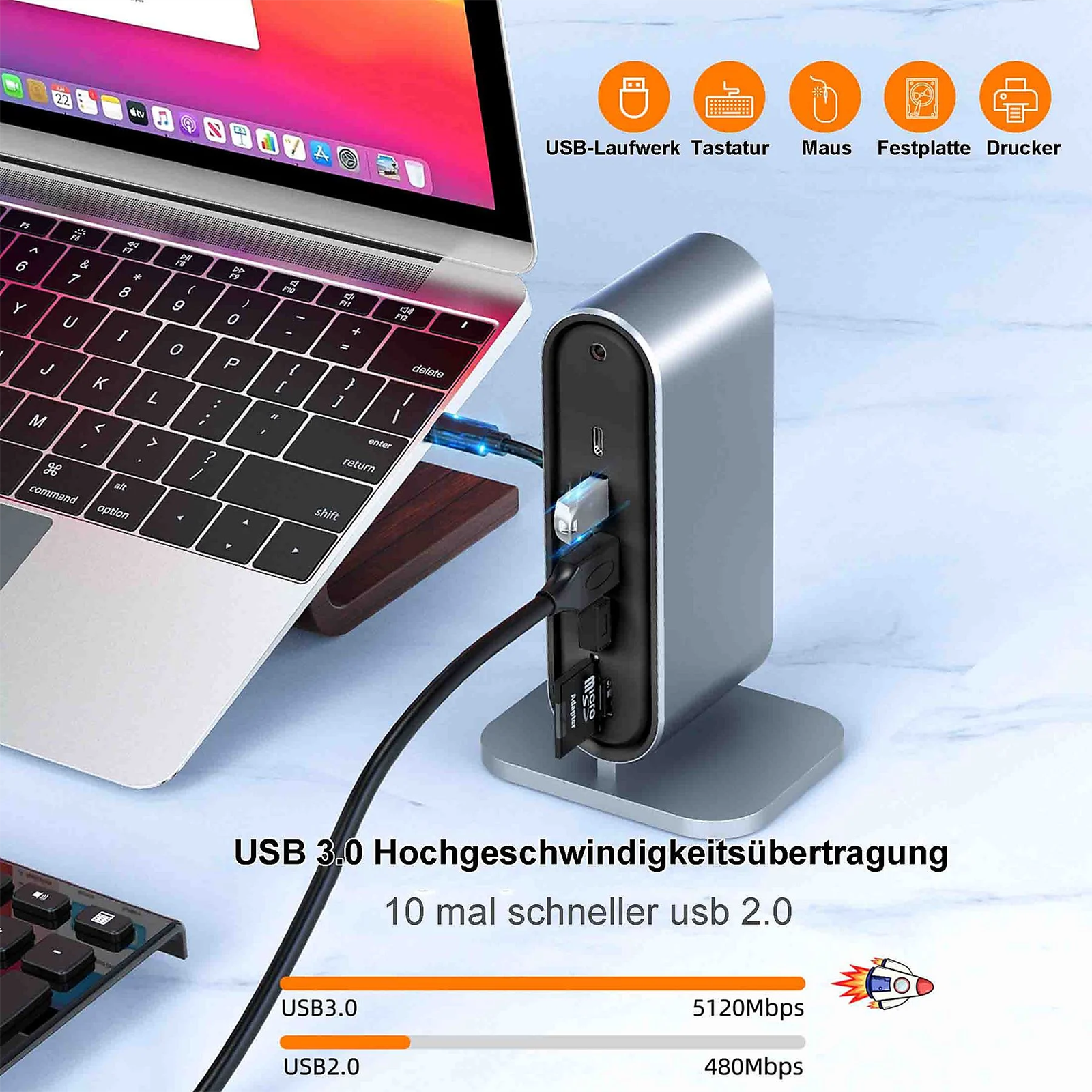 Silberner USB-Hub, der an einen Laptop angeschlossen ist. Anschlüsse für USB-Laufwerk, Tastatur, Maus, Festplatte und Drucker.