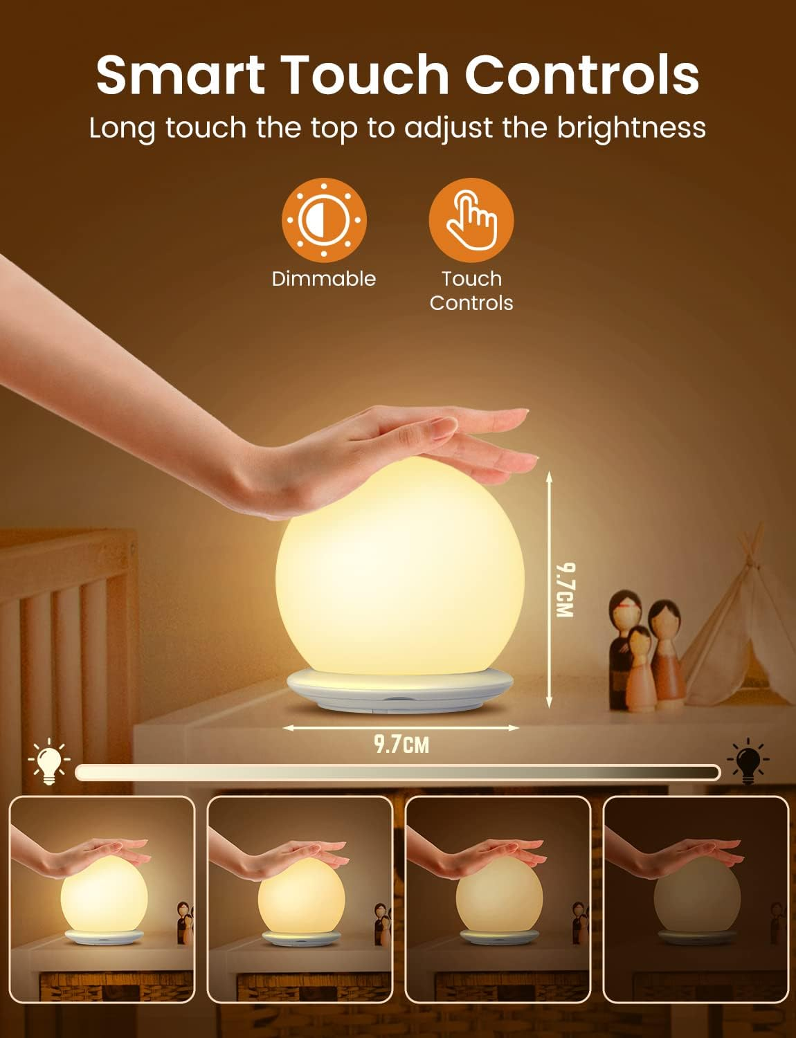 Hand stellt die Helligkeit eines leuchtenden runden Lichts ein. Dimmbare und Touch-Control-Symbole. Verschiedene Einstellungen.