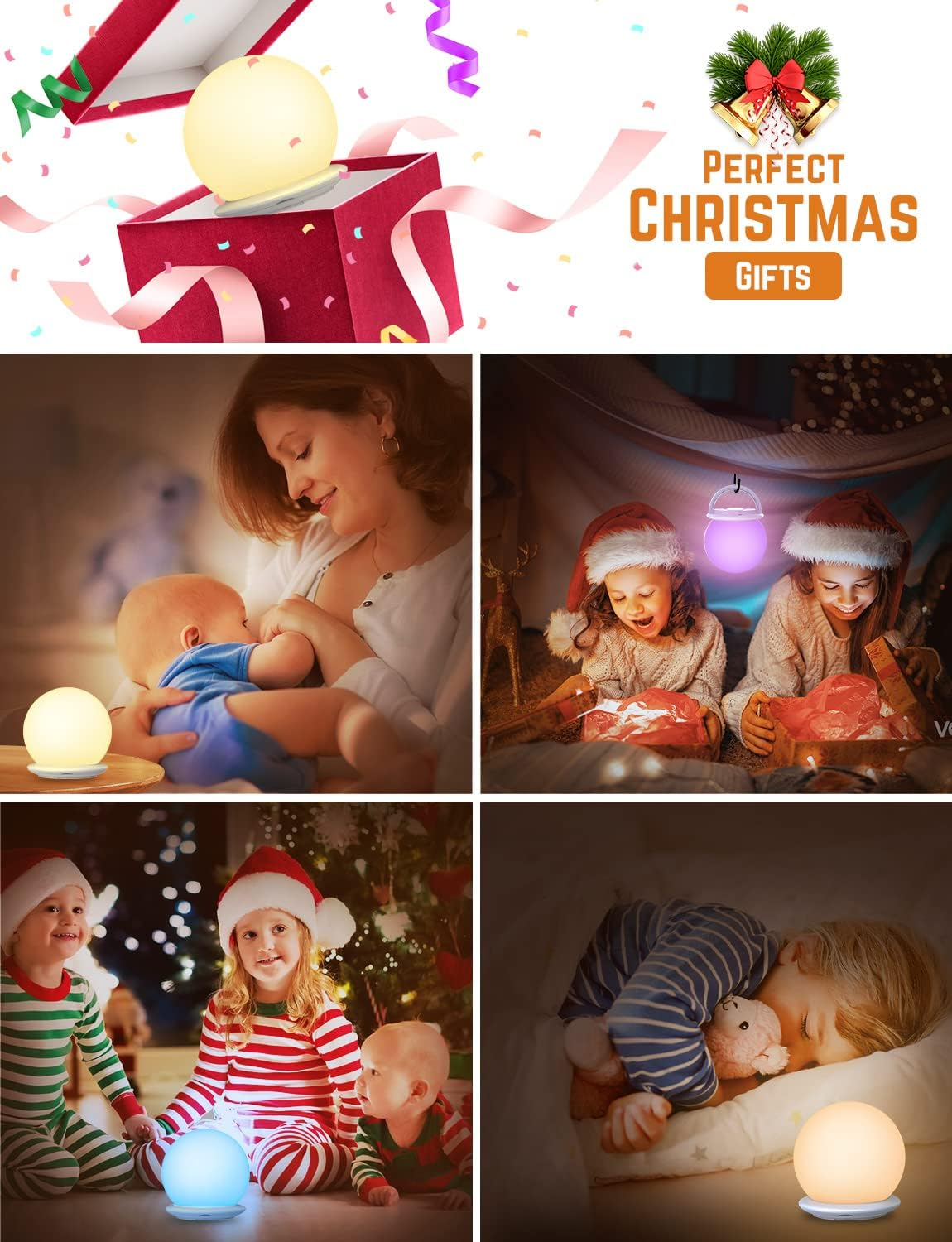 Mehrere Bilder eines leuchtenden Lichts als Geschenk, mit Kindern und Babys, und einer Geschenkbox.