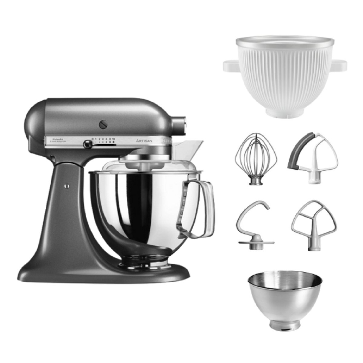 KitchenAid Küchenmaschine. Graues Gehäuse, Edelstahlschüssel. Verschiedene Aufsätze. Weißer Hintergrund. Artisan-Modell.
