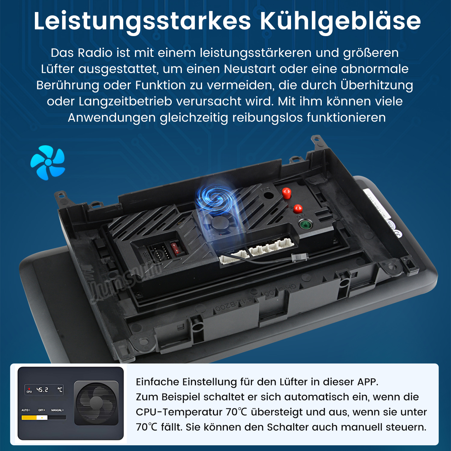 Schwarzes Elektronikgerät-Innenteil mit Drähten. Anzeige mit Temperatur. Blaues Luftstromsymbol. Grau-schwarzer Hintergrund.