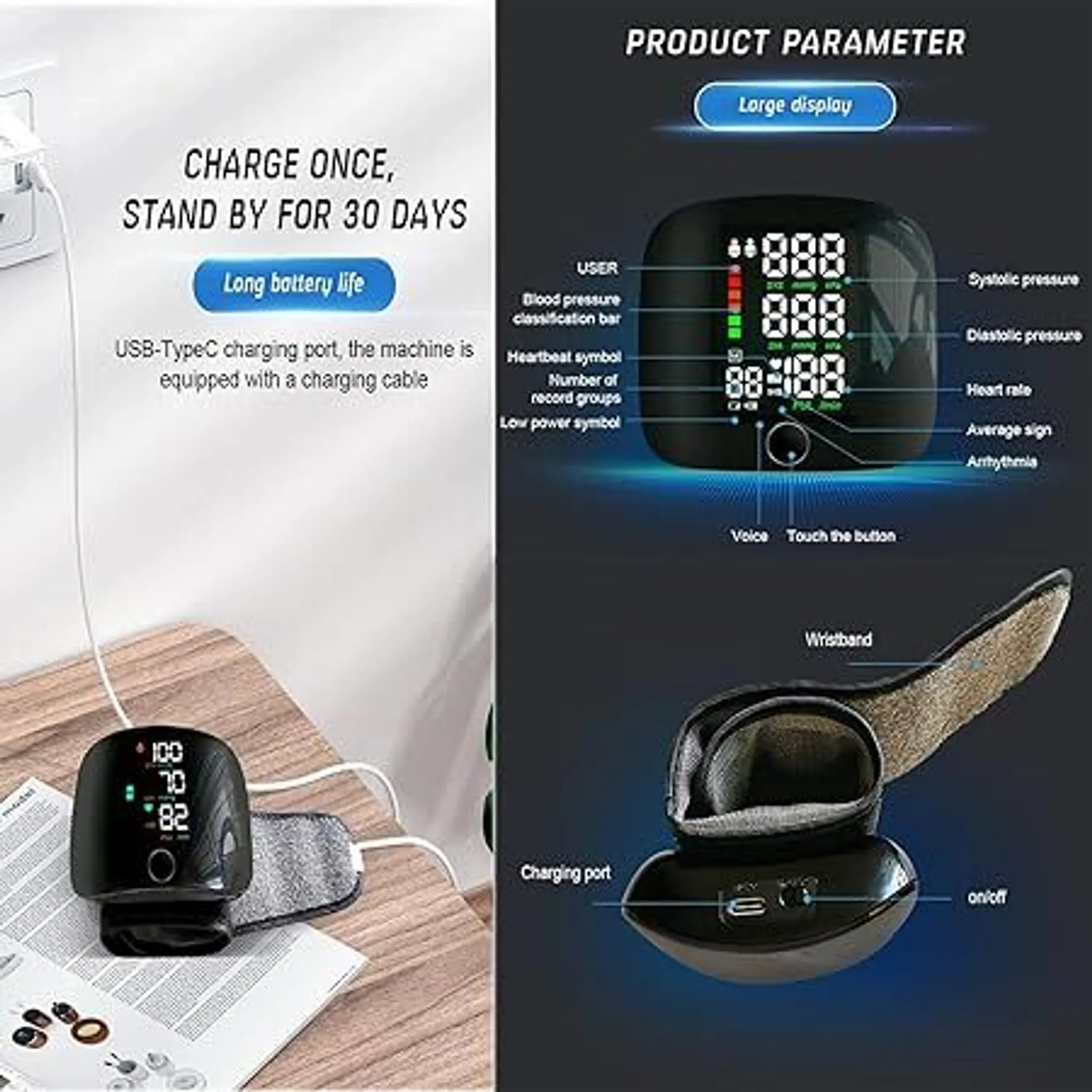 Blutdruckmessgerät, Armband, Ladekabel und Anzeige der Parameter.