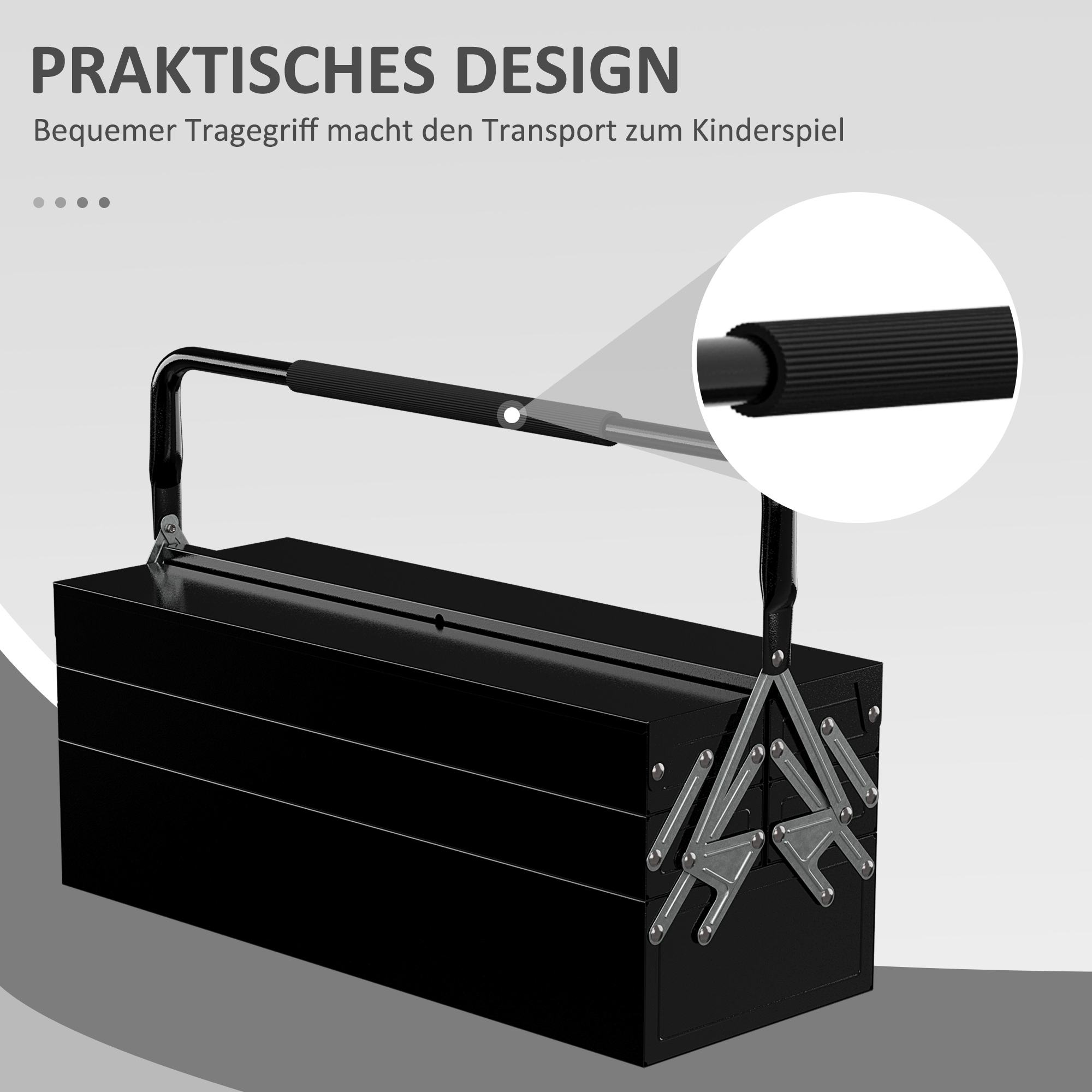 Schwarzer Werkzeugkasten mit Griff. Der Text lautet 'praktisches Design'.
