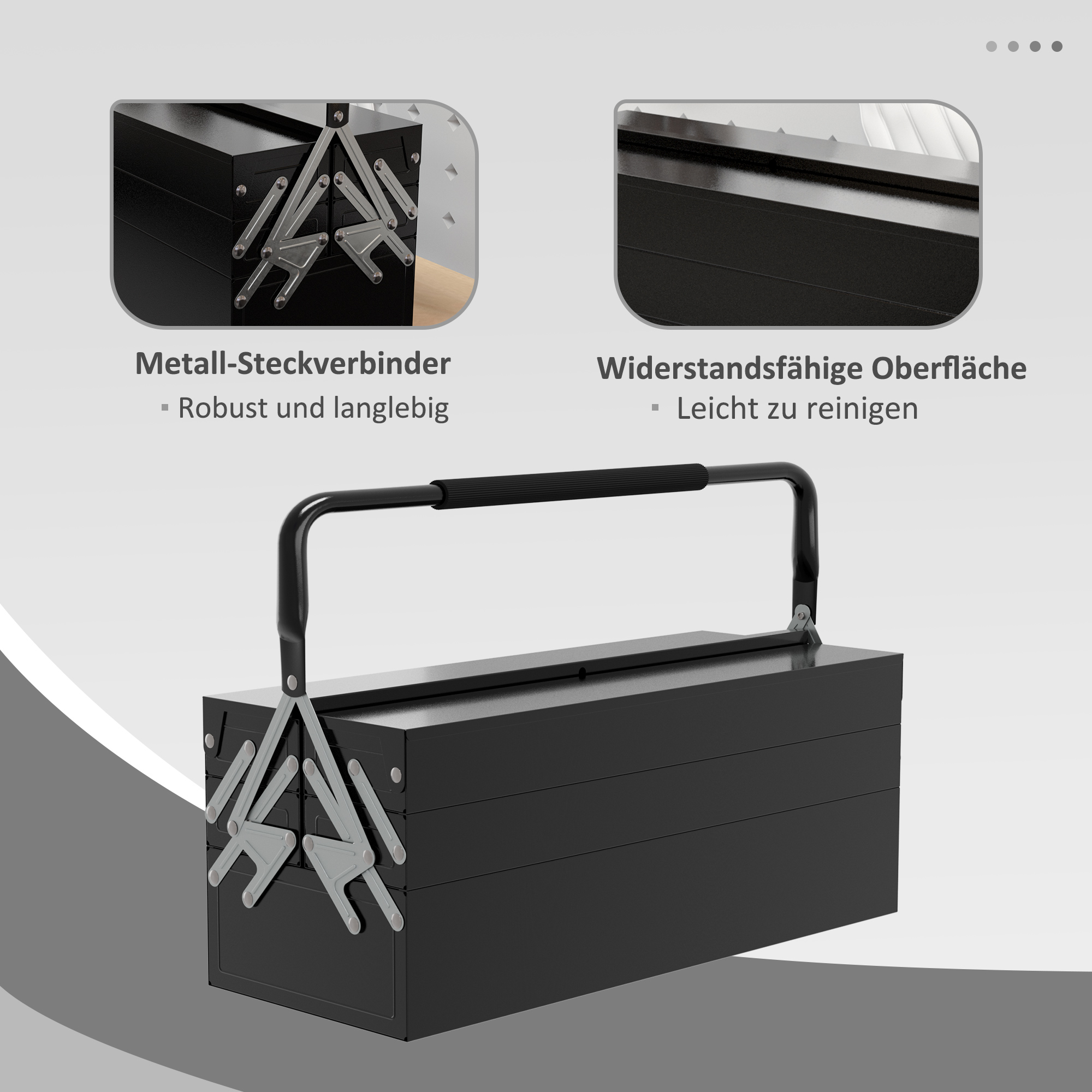 Schwarzer Werkzeugkasten mit Griff. Zwei Insets zeigen Details. Text sagt 'robust und langlebig'.