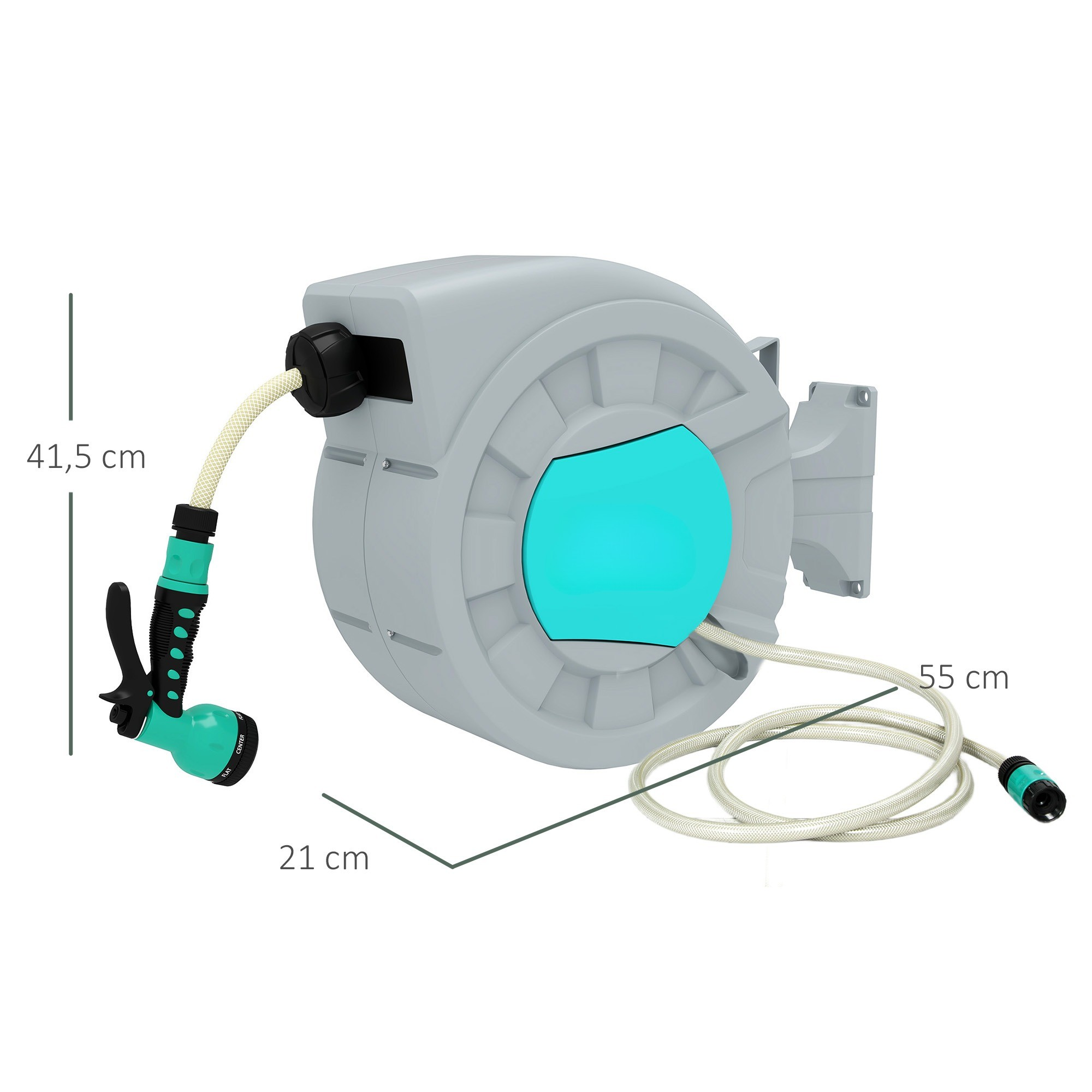 Graue und türkisfarbene Schlauchtrommel. Abmessungen: 41,5 cm hoch, 55 cm breit, 21 cm tief. Weißer Hintergrund.