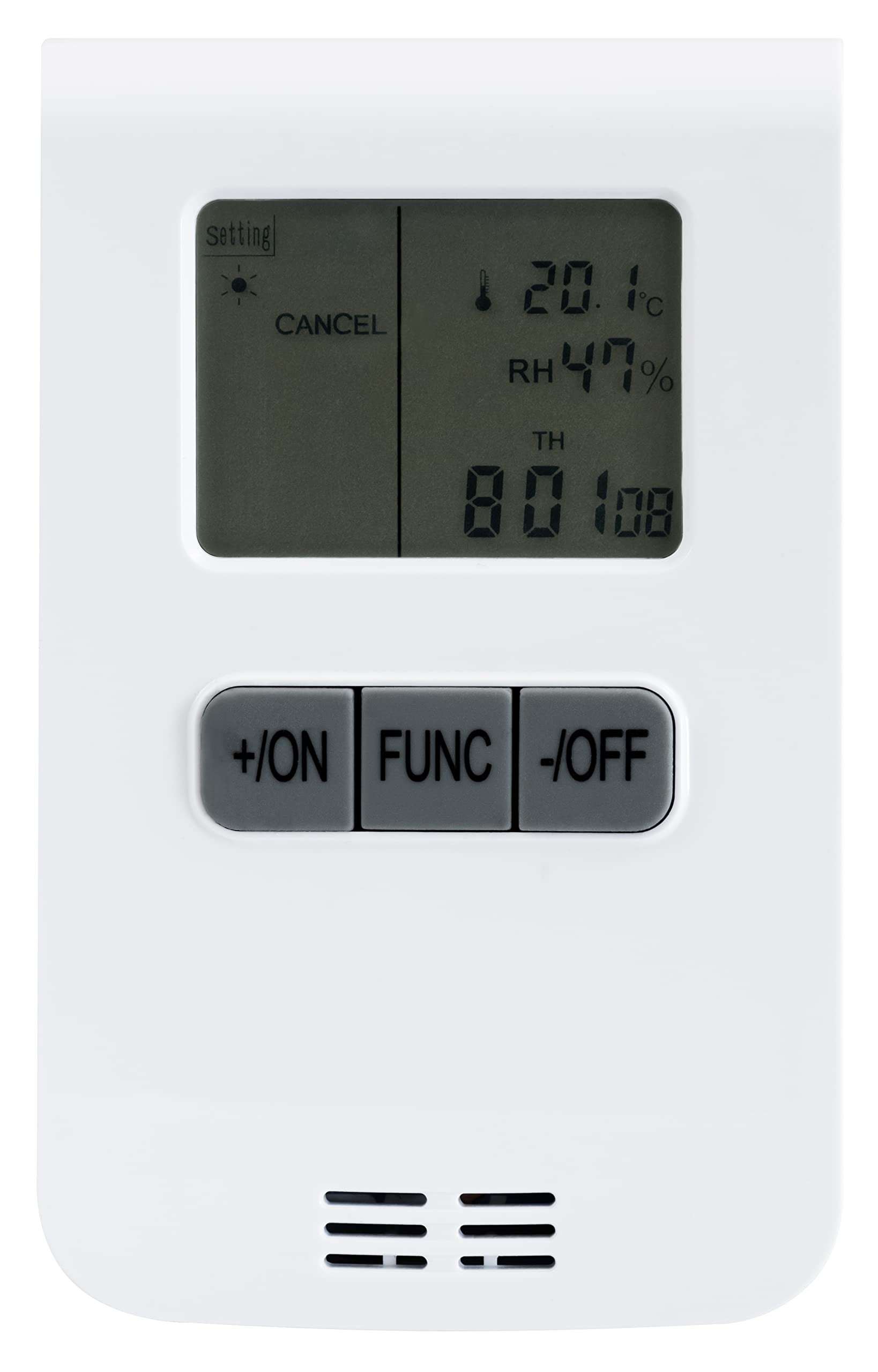Ein weißes elektronisches Gerät mit Display, das Temperatur, Luftfeuchtigkeit und Zeit anzeigt. Hat Knöpfe zur Steuerung.