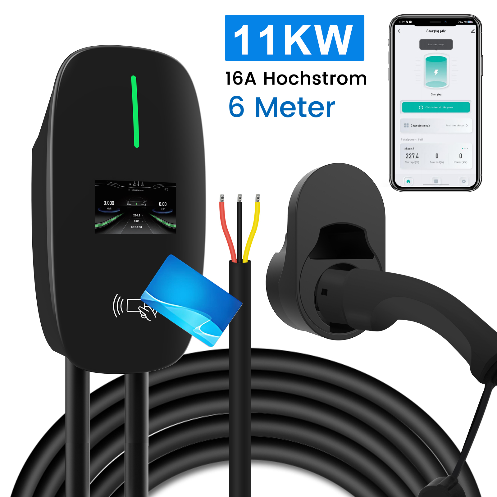 Elektroauto-Ladegerät mit Bildschirm, Karte und Telefon, zeigt Ladedetails.