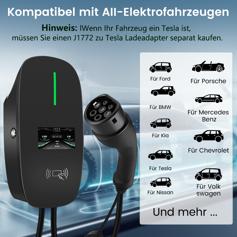 Elektroauto-Ladegerät mit verschiedenen Autologos und Text.