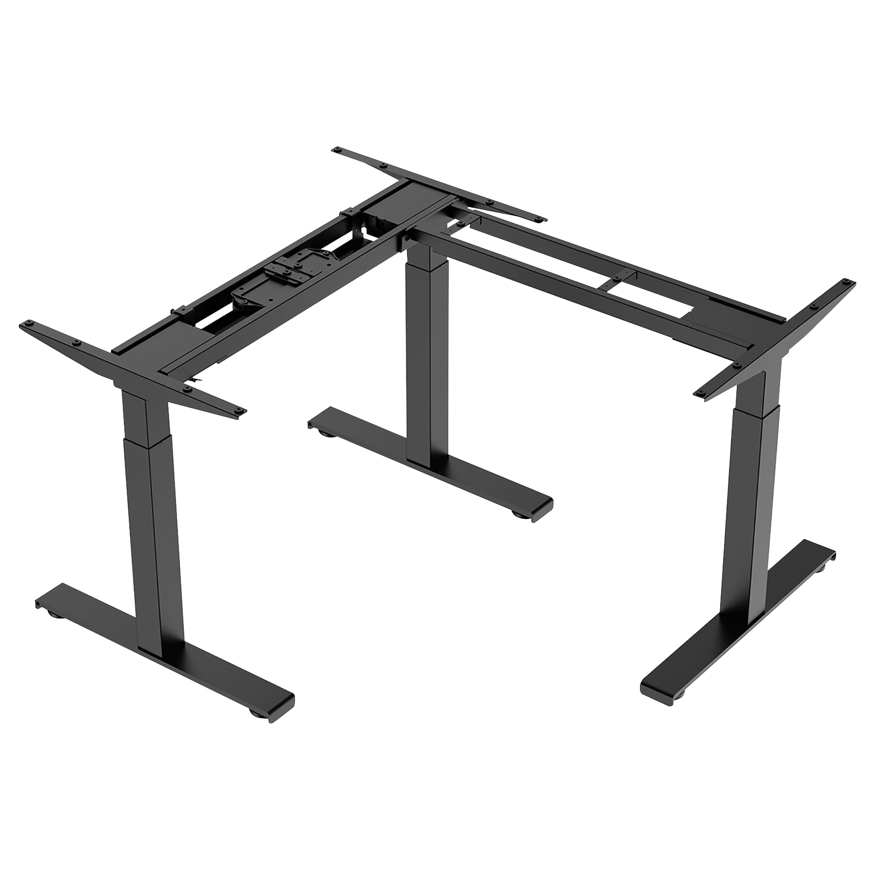 Schwarzes, L-förmiges, höhenverstellbares Schreibtischgestell, modernes Design.