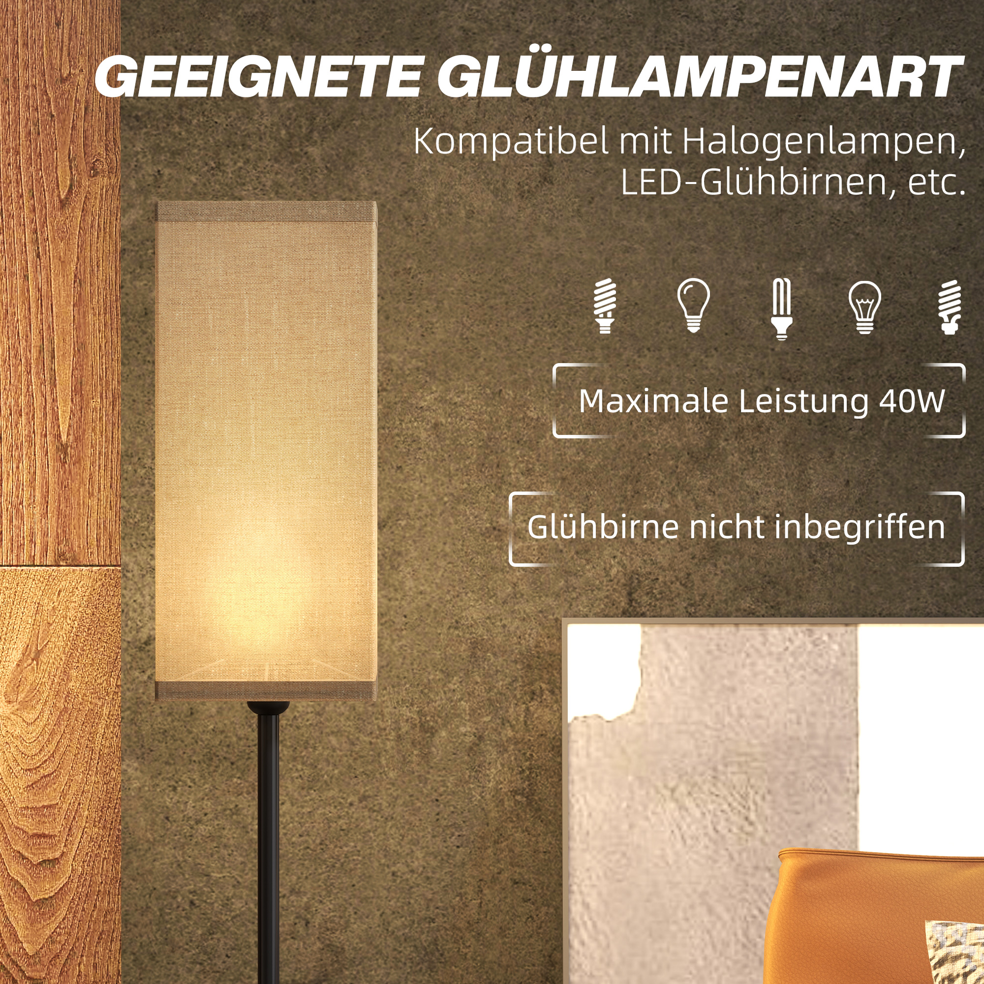 Eine Stehlampe mit rechteckigem, beigem Schirm, mit Text zur Beschreibung der kompatiblen Glühbirnen.