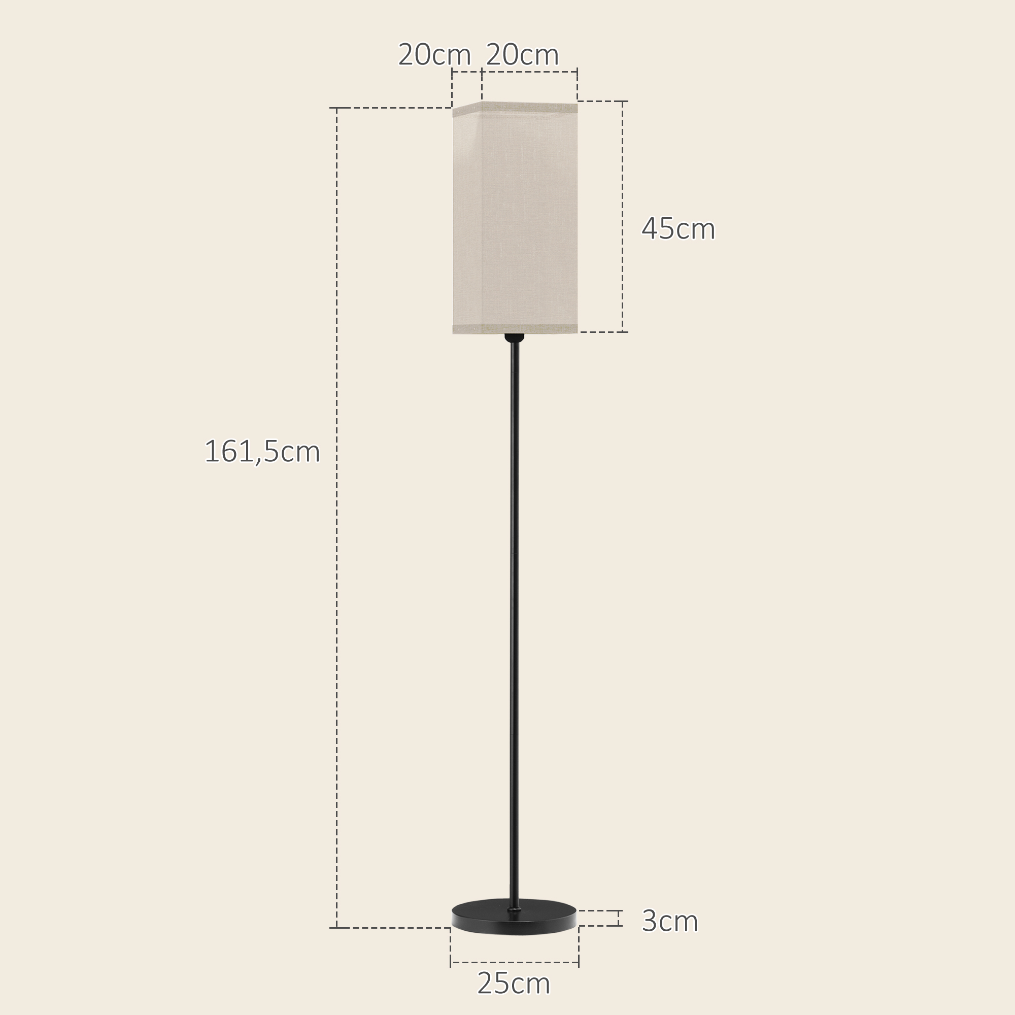 Stehlampe mit beigem Lampenschirm, schwarzem Pfahl und Sockel. Abmessungen gezeigt. Hintergrund ist beige.