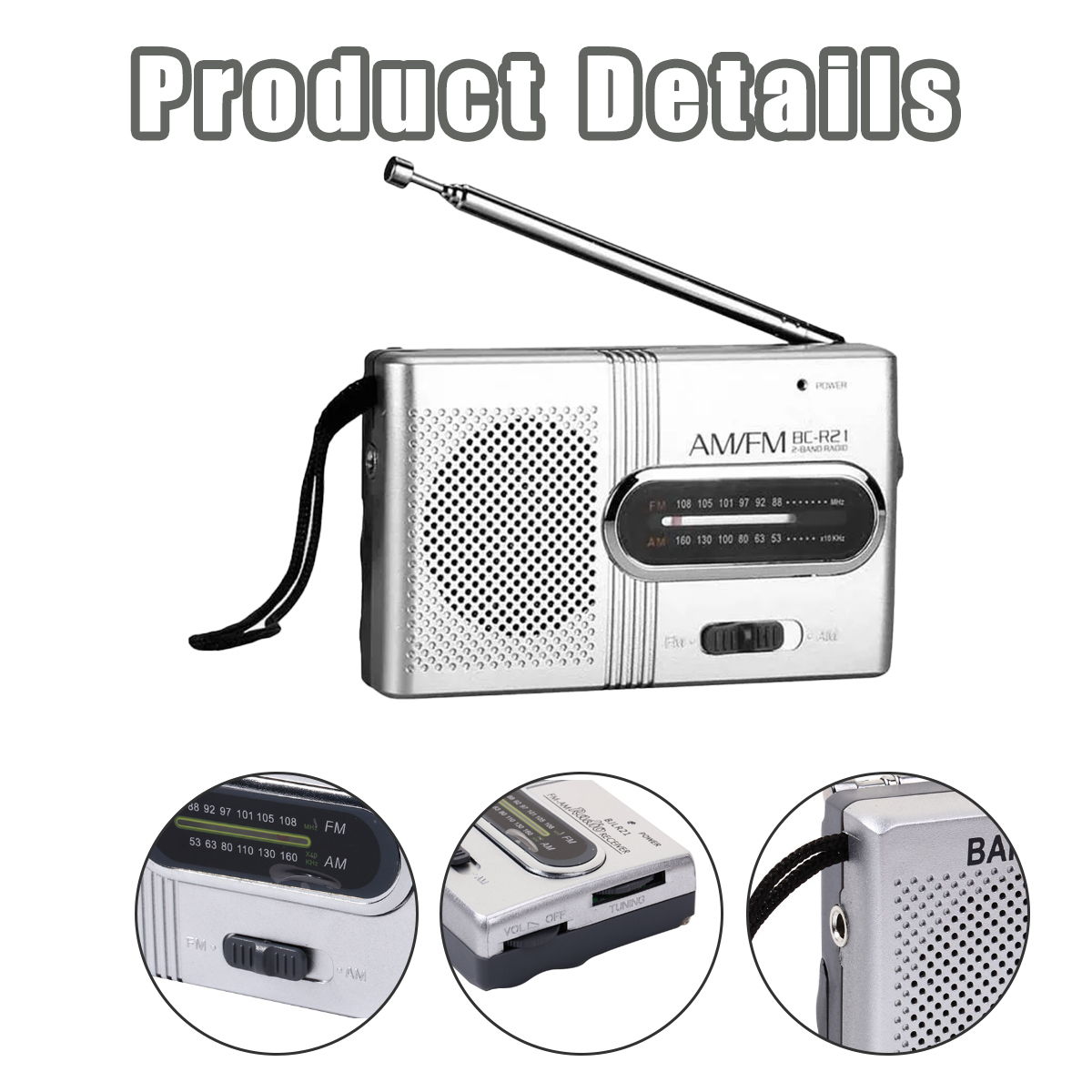 Silbernes Radio mit Antenne und AM/FM-Anzeige. Detailaufnahmen von Bedienelementen und Seite. Produktdetails.
