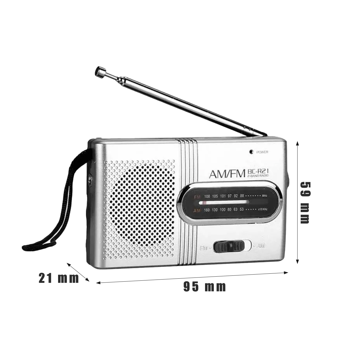 Silbernes Radio mit Antenne, Maße: 95mm x 59mm x 21mm. Schwarzer Riemen an der Seite.