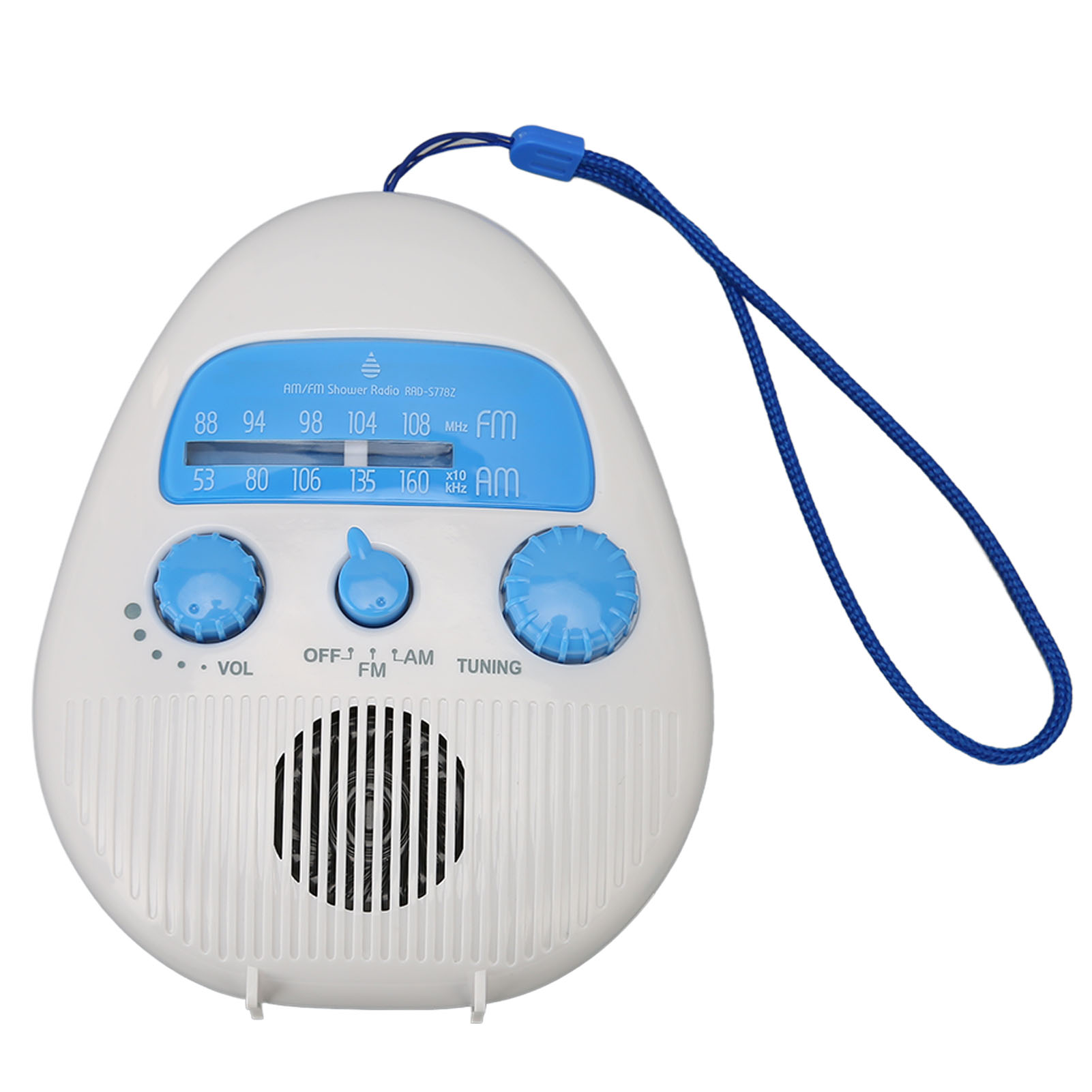 Weiß-blaues Duschradio mit Knöpfen, Antenne und blauem Gurt. Abgerundete Form.