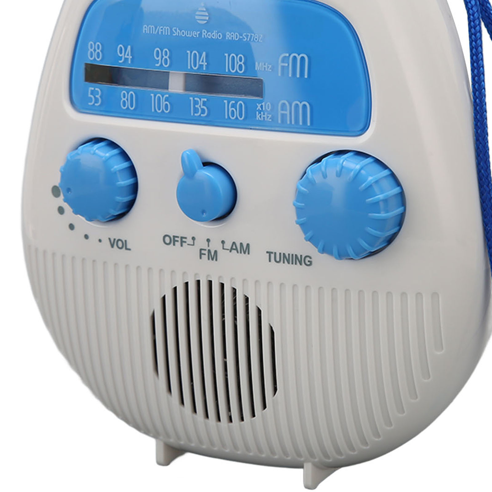 Nahaufnahme eines weißen Duschradios mit blauen Akzenten, Knöpfen und blauem Gurt.