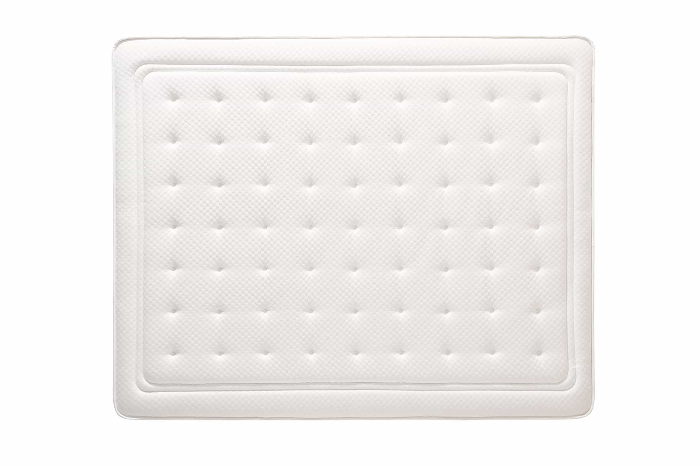 Colchón blanco con superficie acolchada. Patrón rectangular con puntos.