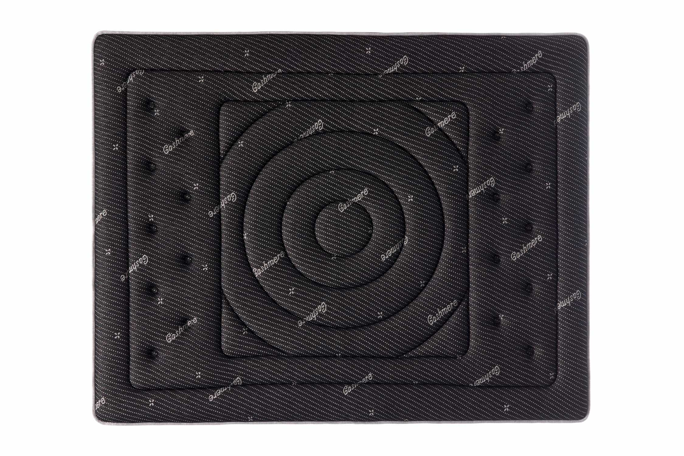 Vista superior de un colchón gris oscuro con la palabra Cashmere.