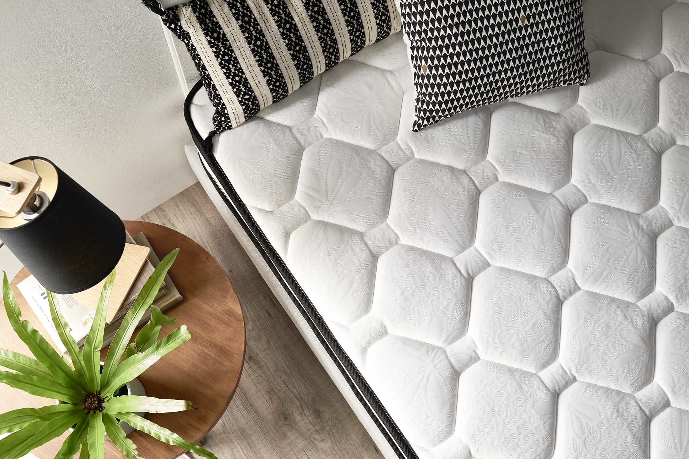 Cama con colchón blanco, ribete negro. Almohadas, mesa con planta y lámpara visibles.