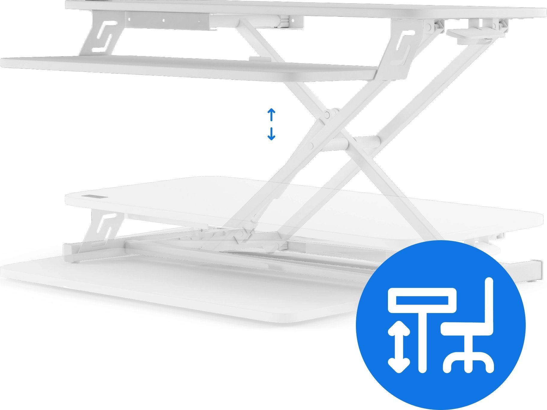 Escritorio de pie blanco ajustable con un icono azul y silla de escritorio. Fondo blanco.