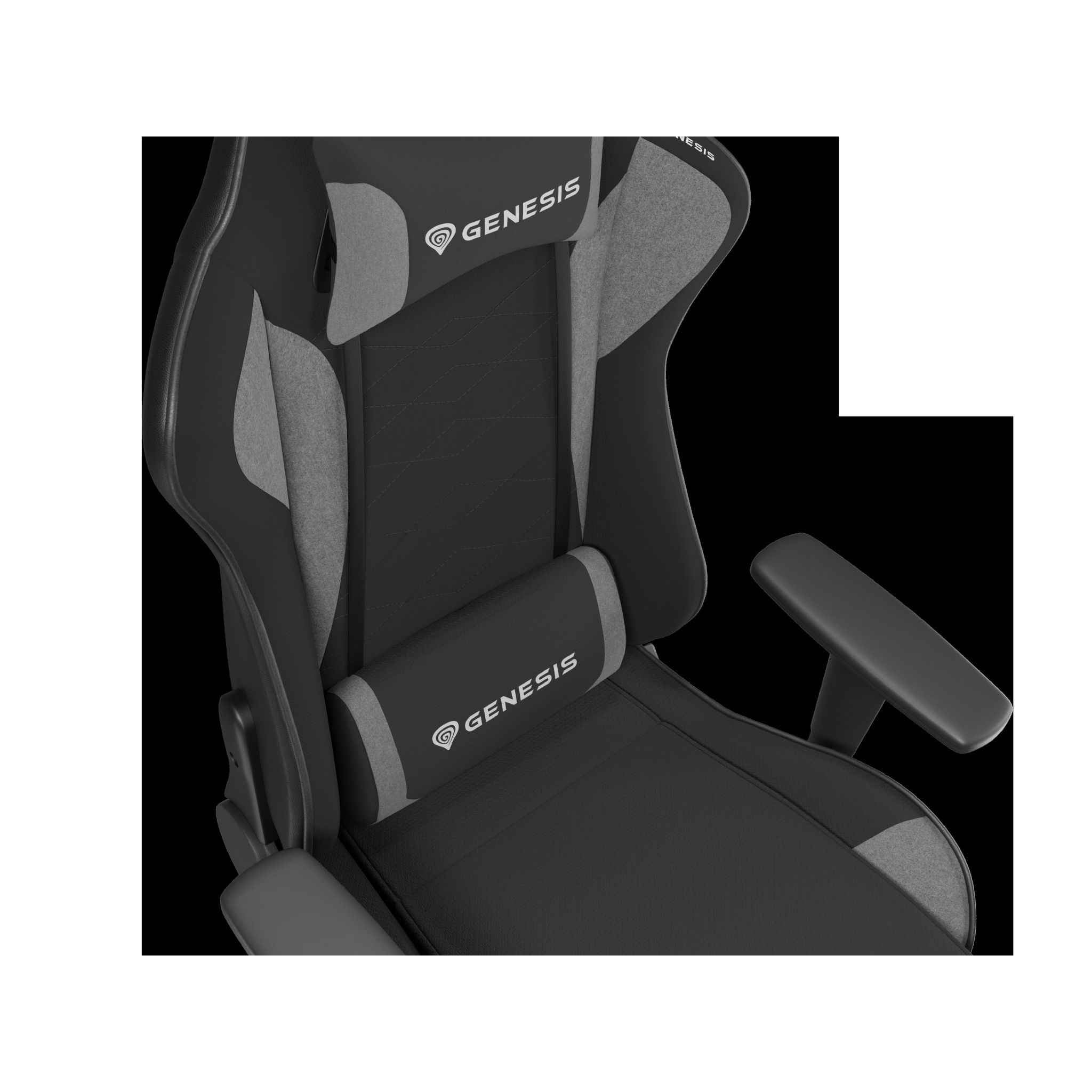 Primer plano de la silla de gaming negra y gris, mostrando el logotipo de Genesis y detalles.