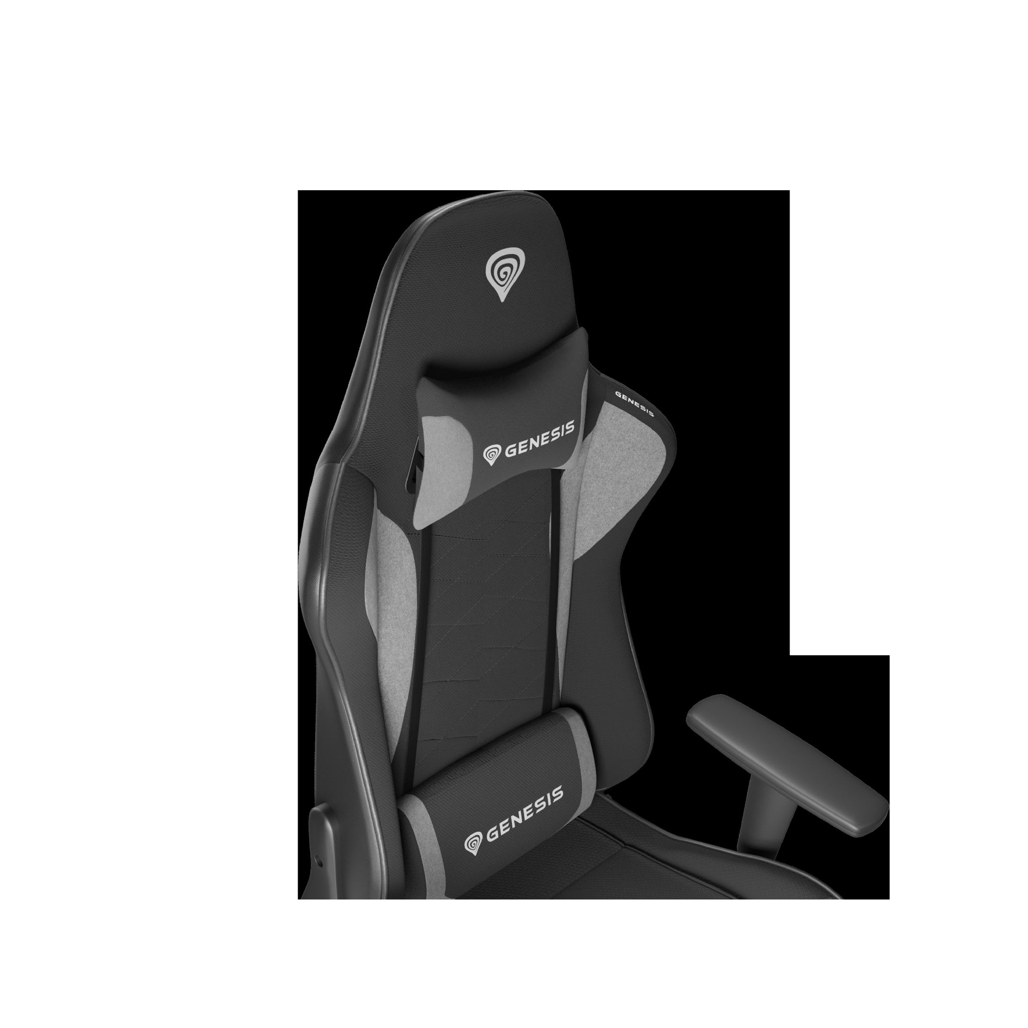 Silla gaming negra y gris con la palabra "Genesis" en el reposacabezas y el soporte lumbar.