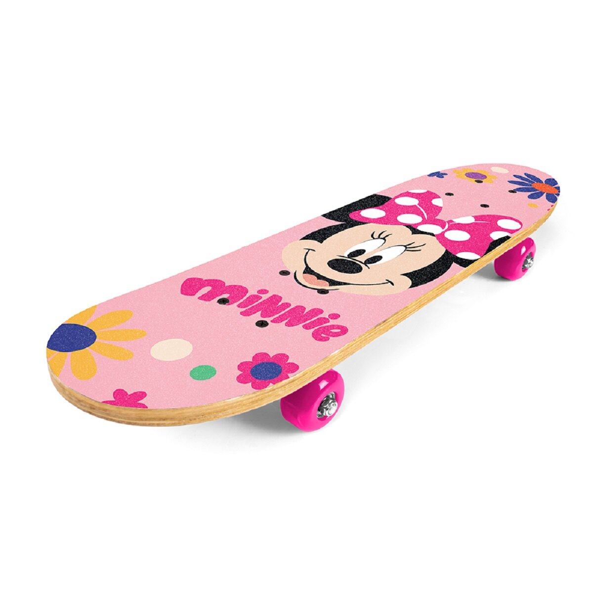 Ein pinkes Skateboard mit Minnie Maus-Design. Pinke Räder und ein Holzdeck. Weißer Hintergrund.