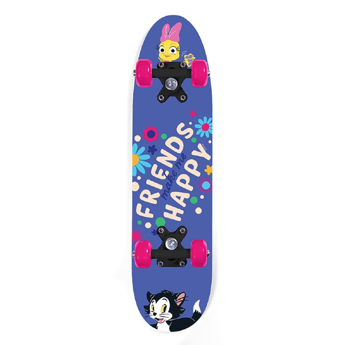 Blaues Skateboard mit Cartoon-Figuren und Text. Pinke Räder und schwarze Achsen. Weißer Hintergrund.