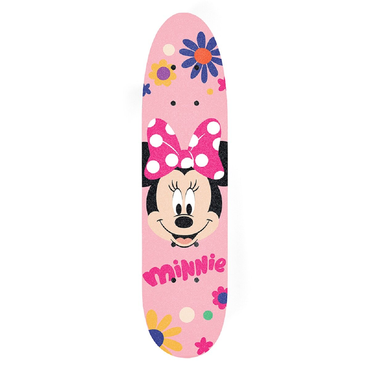 Rosa Skateboard mit Minnie Mouse Gesicht und Blumen.