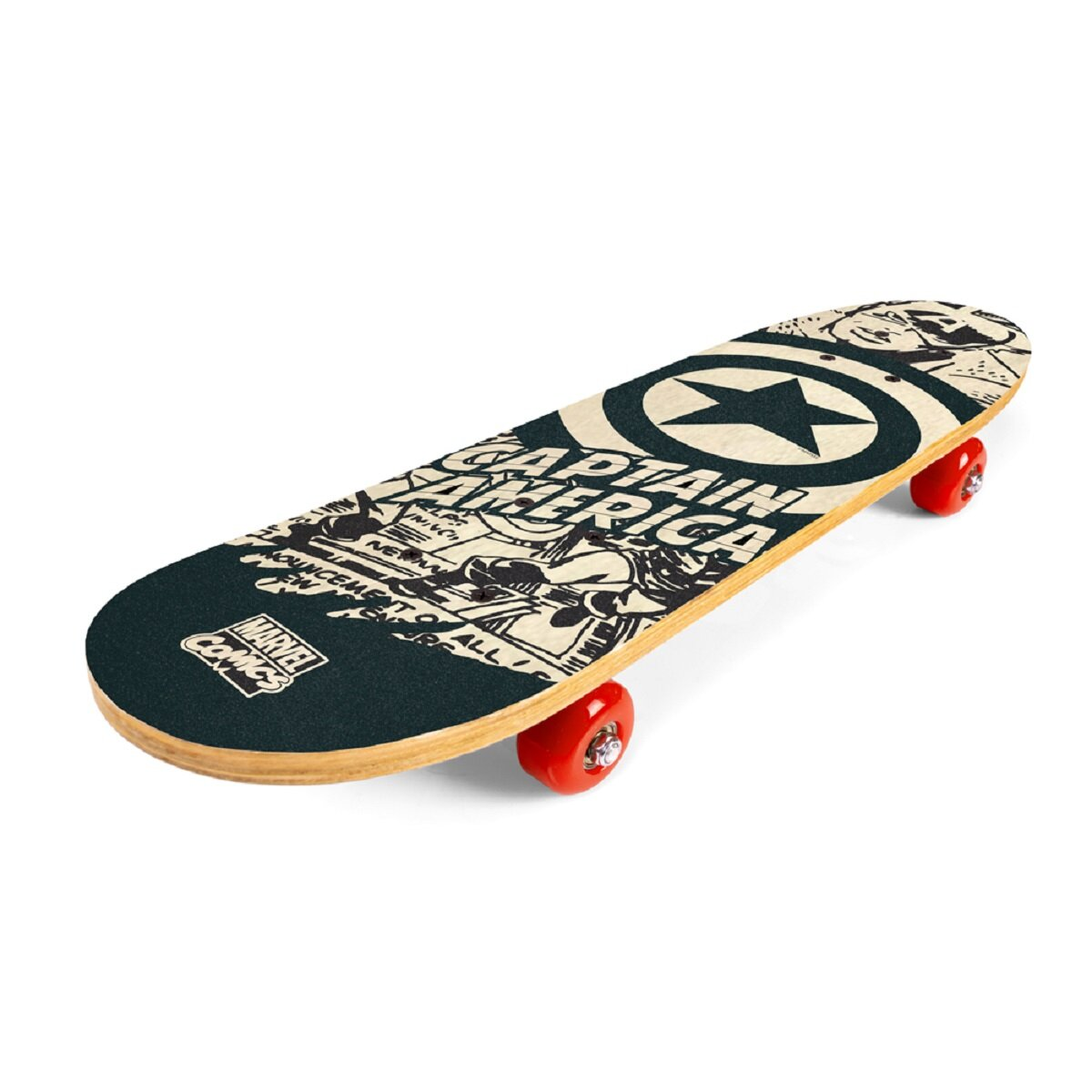 Ein Skateboard mit Captain America-Design. Rote Räder und ein Holzdeck. Weißer Hintergrund.