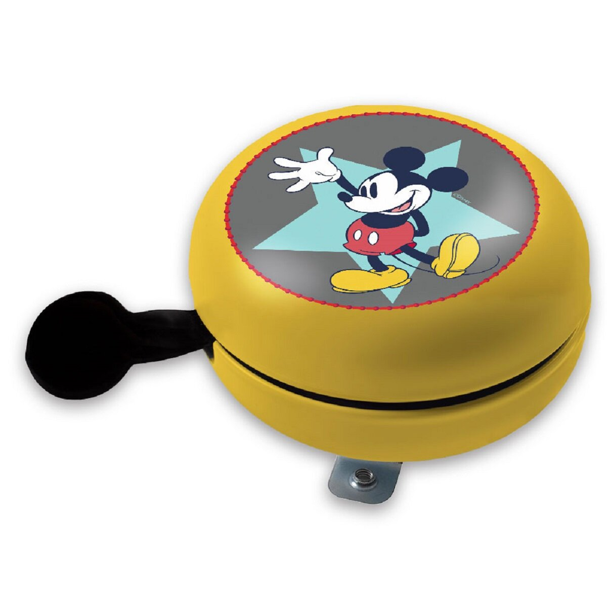 Gelbe Fahrradklingel mit Mickey Mouse-Design. Schwarzer Hebel zum Klingeln. Weißer Hintergrund.