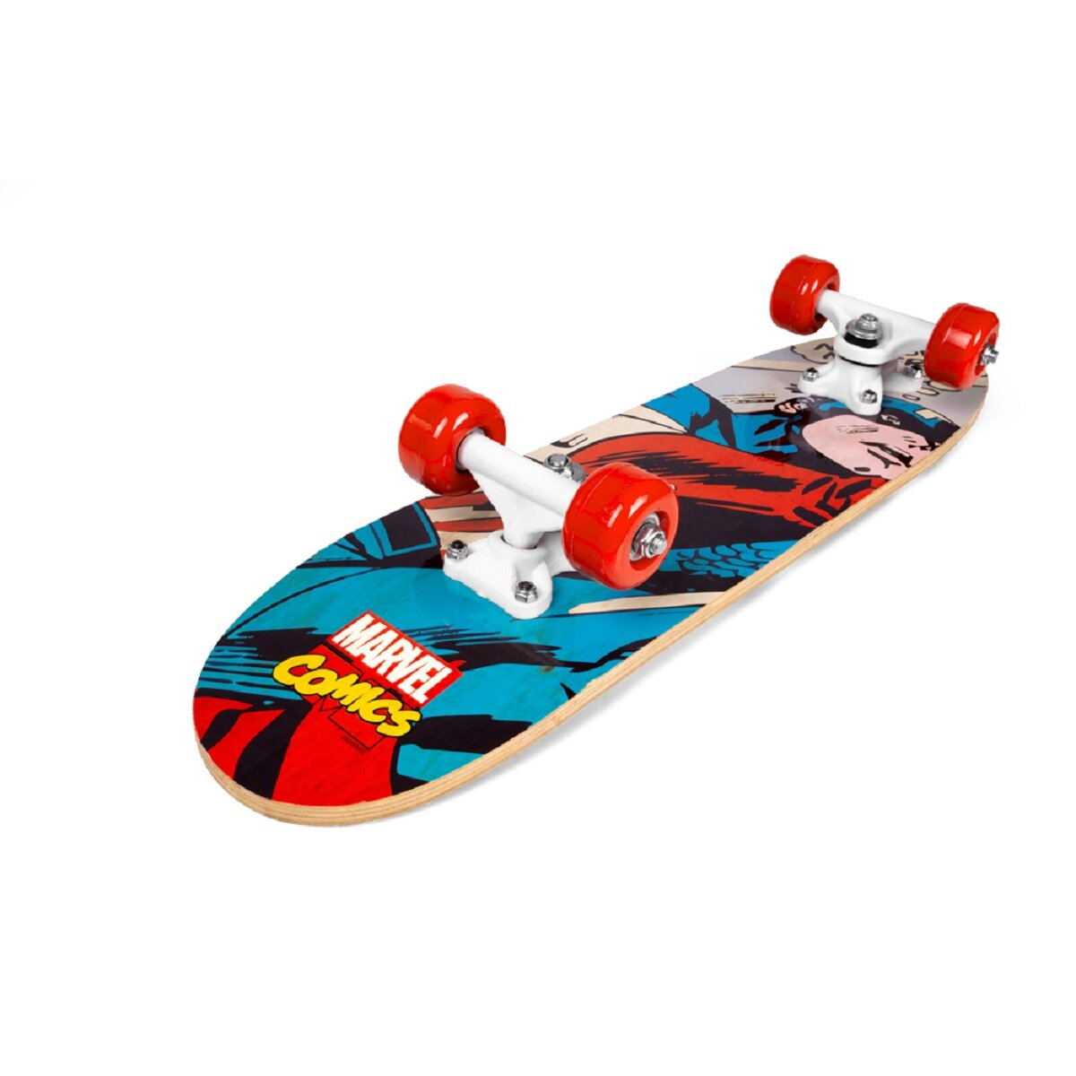 Ein blaues Skateboard mit Marvel Comics-Design und roten Rädern. Das Board ist nach oben geneigt.