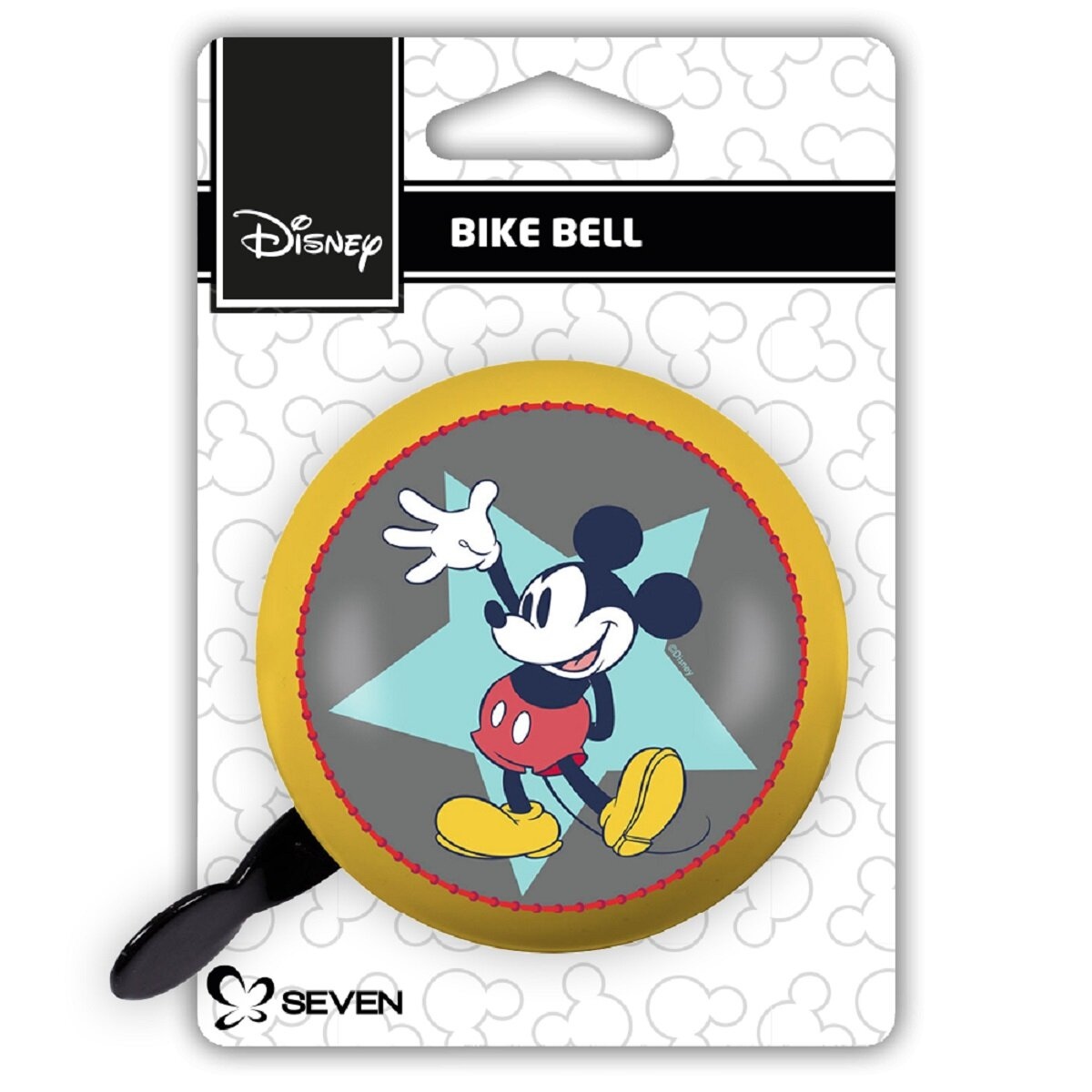 Mickey Mouse Fahrradklingel in Verpackung. Gelbe Klingel mit Mickey Mouse und schwarzem Griff.