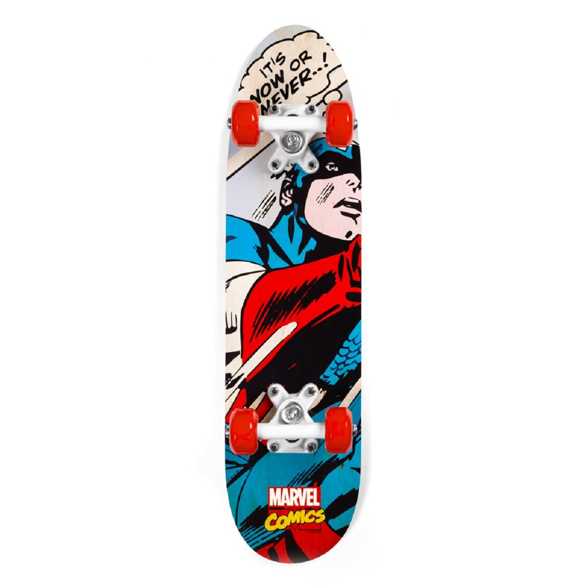 Captain America Skateboard. Zeigt Captain America in seinem klassischen Comic-Stil mit roten Rollen.